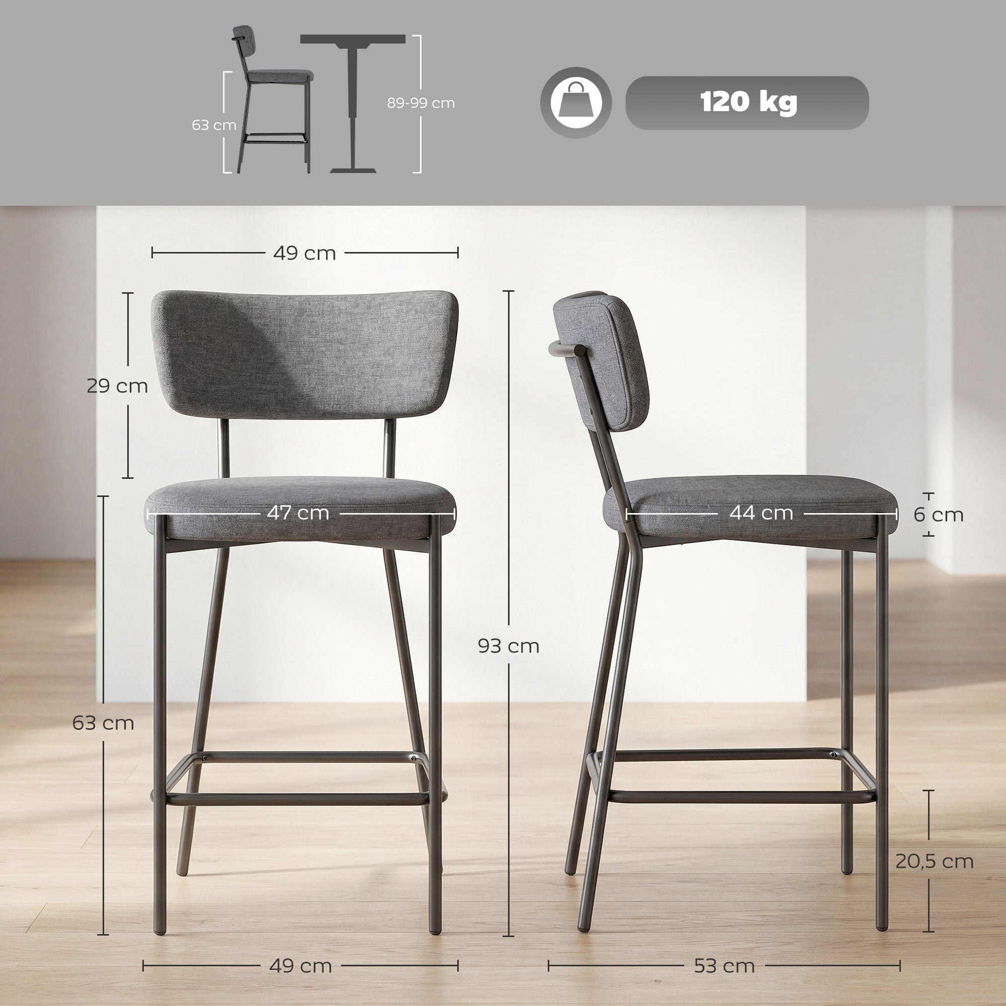 2-Piece Bar Stool Set — Upholstered Curved-Back Counter Stools with Footrest, Metal Frame, Linen-Look, 25" Seat Height, Gray
