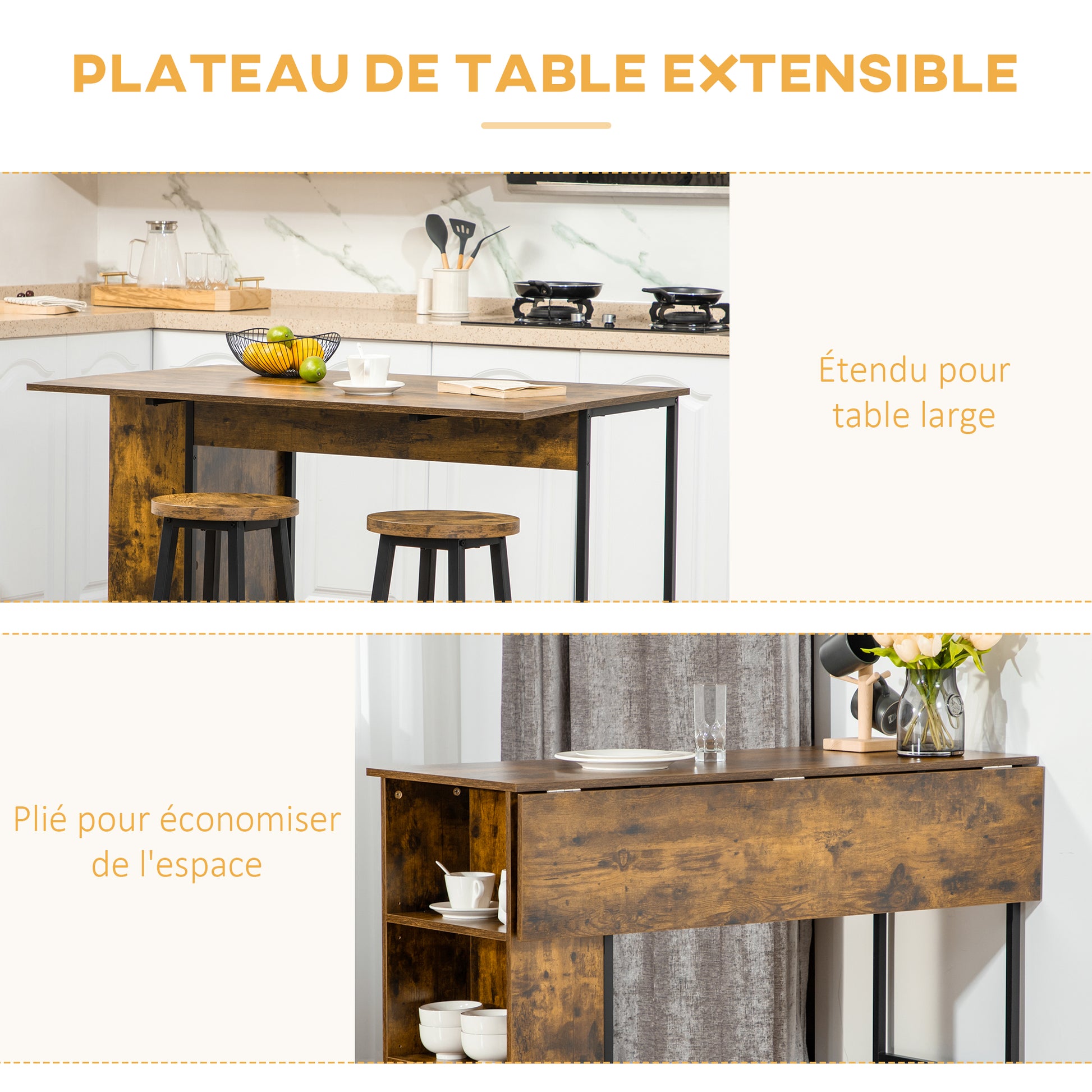 Bar Table with Storage Bistro Table Central Island Folding Side Tabletop and 3 Shelves - 120 x 76 x 91.4 cm Rustic Brown