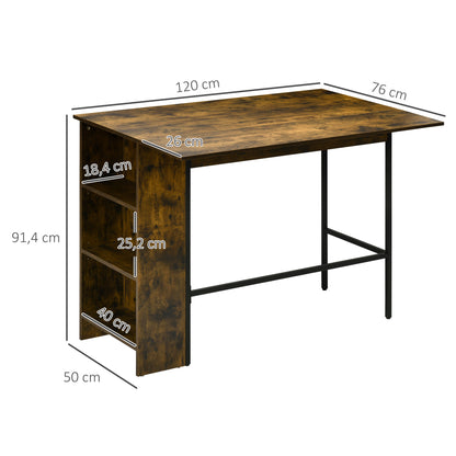 Bar Table with Storage Bistro Table Central Island Folding Side Tabletop and 3 Shelves - 120 x 76 x 91.4 cm Rustic Brown