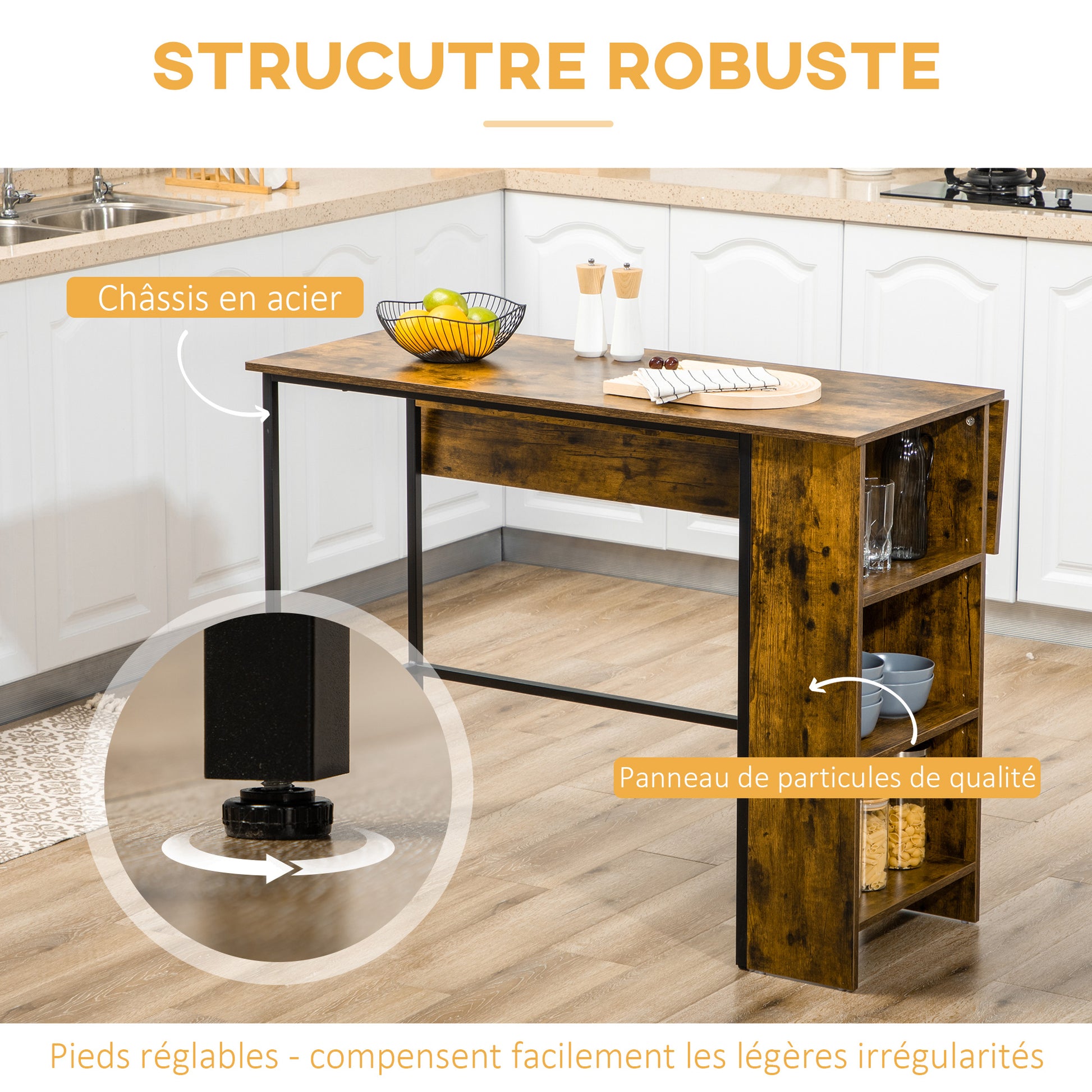 Bar Table with Storage Bistro Table Central Island Folding Side Tabletop and 3 Shelves - 120 x 76 x 91.4 cm Rustic Brown