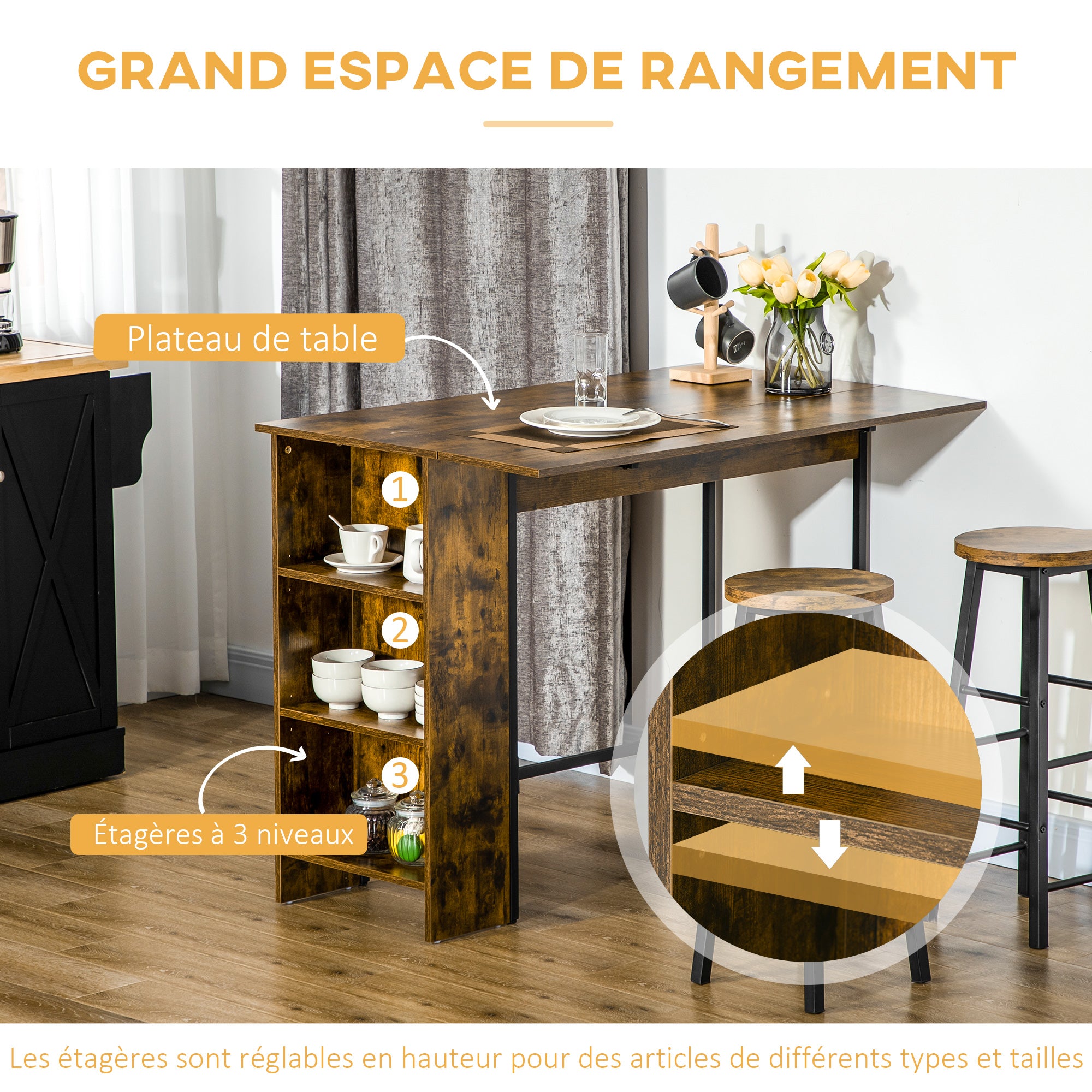 Bar Table with Storage Bistro Table Central Island Folding Side Tabletop and 3 Shelves - 120 x 76 x 91.4 cm Rustic Brown