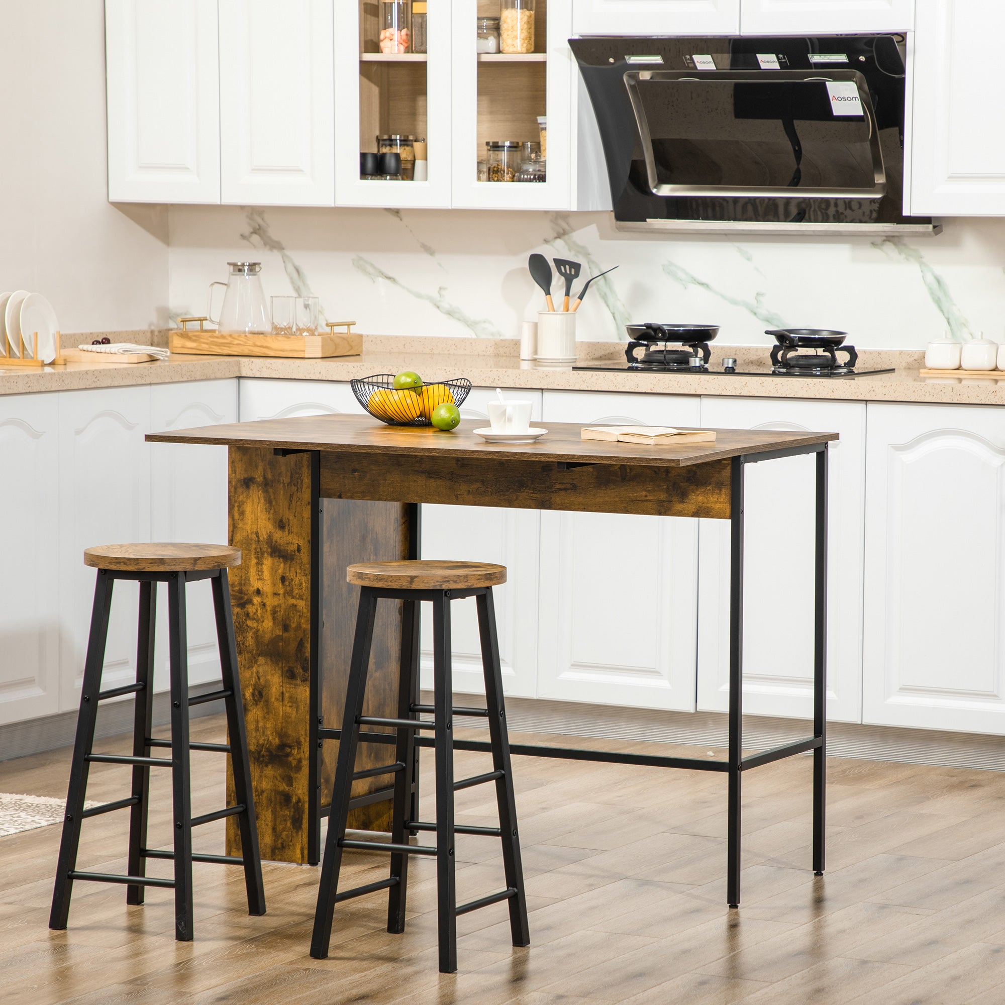 Bar Table with Storage Bistro Table Central Island Folding Side Tabletop and 3 Shelves - 120 x 76 x 91.4 cm Rustic Brown