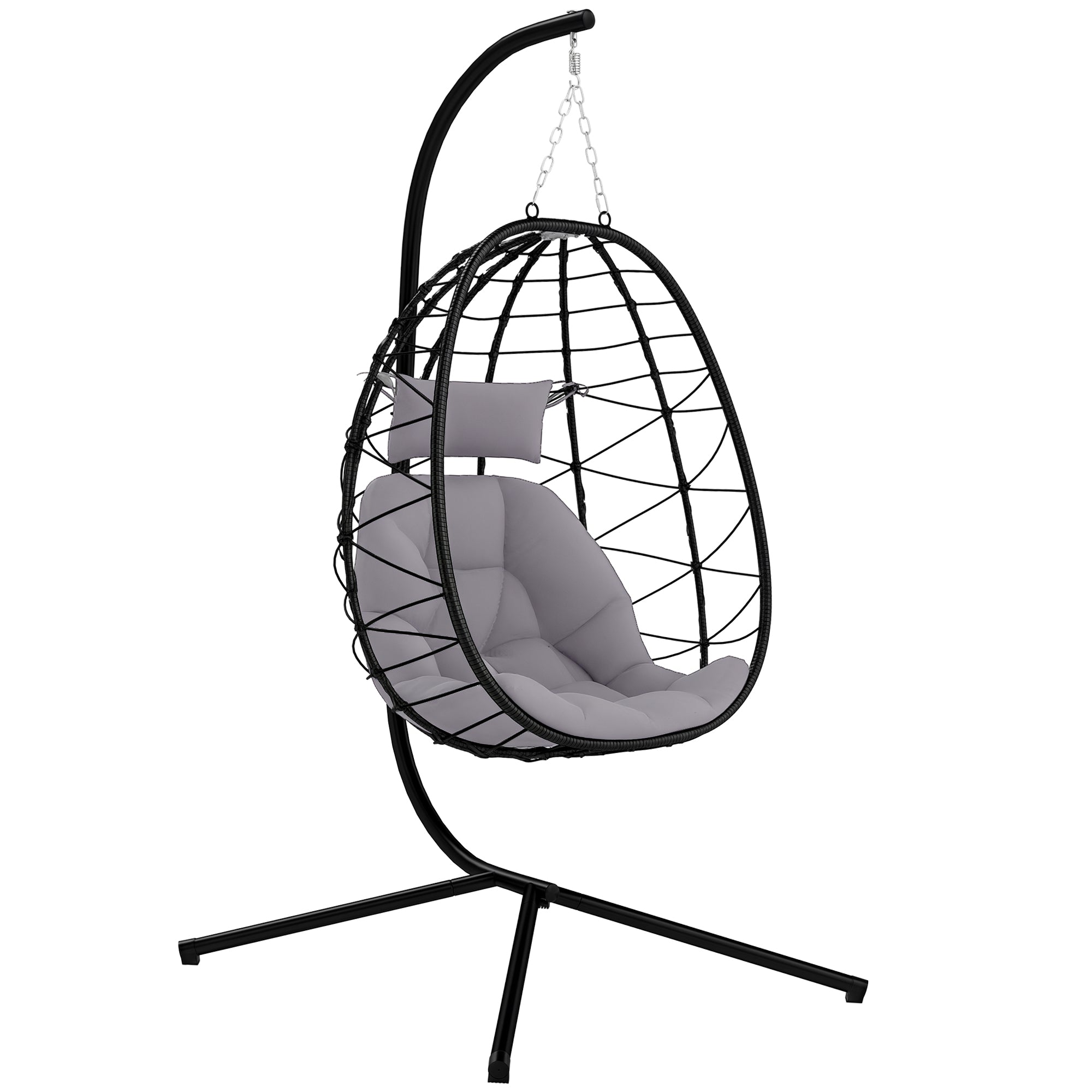 Hanging Egg Chair with Swing Stand Outdoor Garden Swing Chair with Foldable Basket Cushion and Headrest Hanging Swing for Indoor and Outdoor Use 120 kg Gray