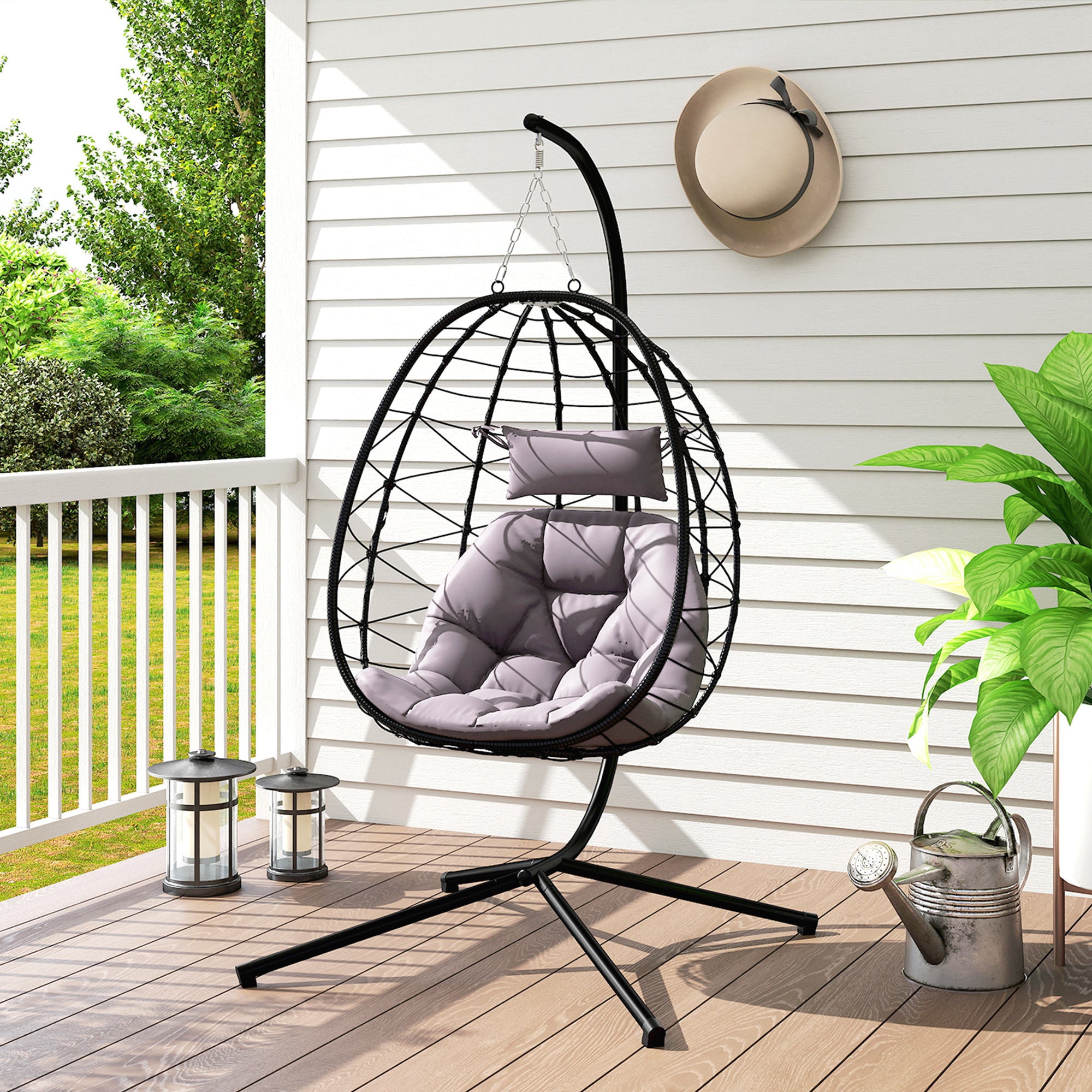 Hanging Egg Chair with Swing Stand Outdoor Garden Swing Chair with Foldable Basket Cushion and Headrest Hanging Swing for Indoor and Outdoor Use 120 kg Gray