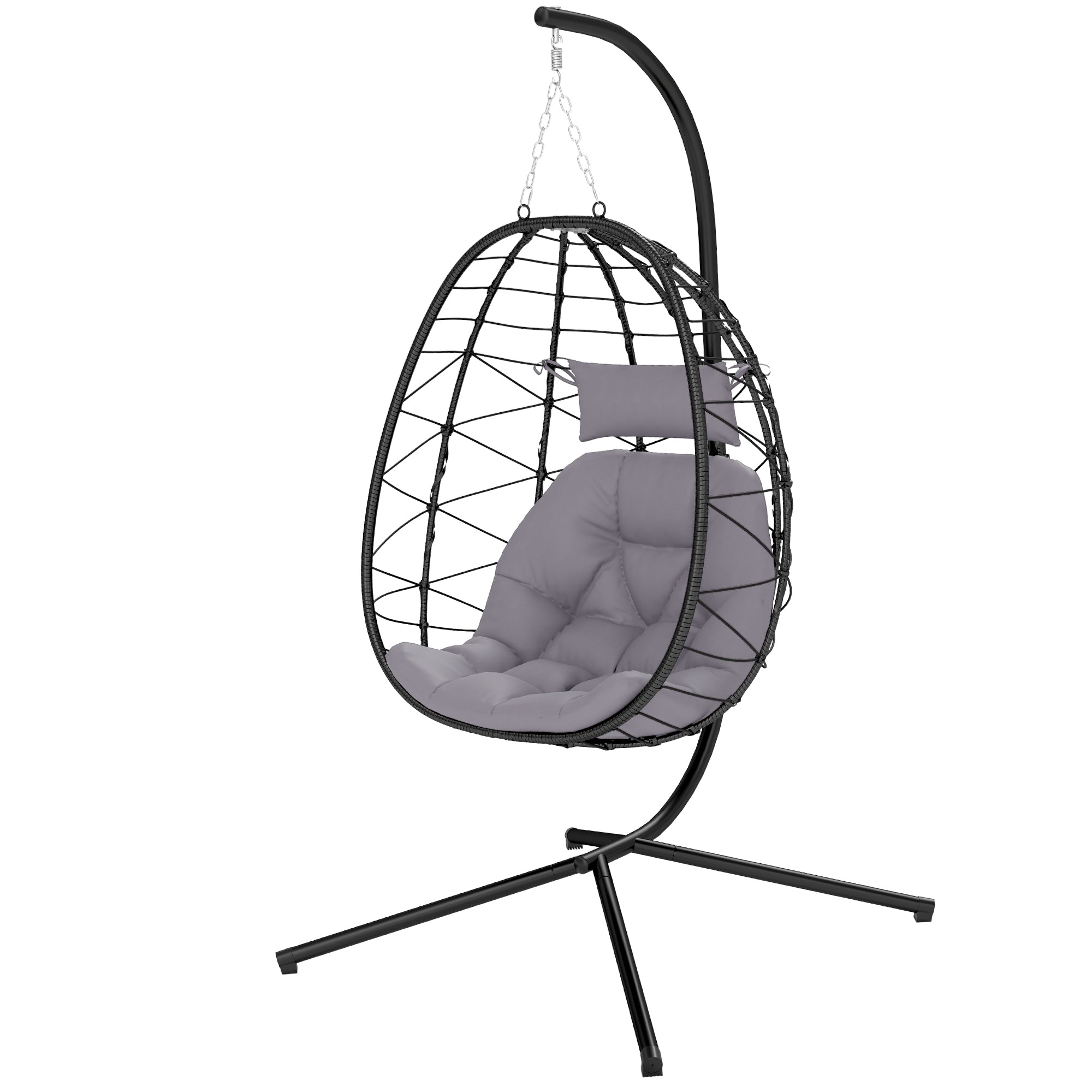 Hanging Egg Chair with Swing Stand Outdoor Garden Swing Chair with Foldable Basket Cushion and Headrest Hanging Swing for Indoor and Outdoor Use 120 kg Gray