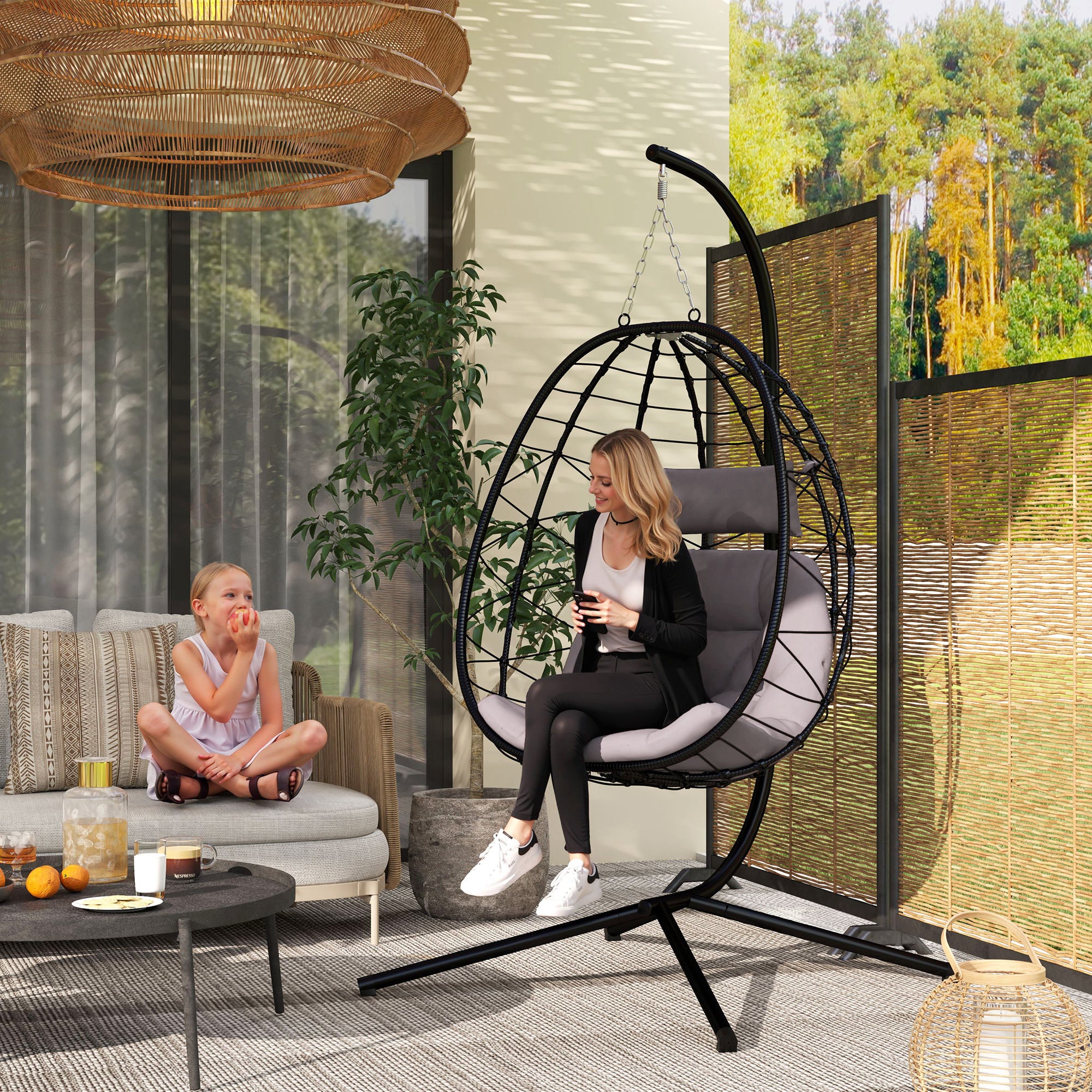 Hanging Egg Chair with Swing Stand Outdoor Garden Swing Chair with Foldable Basket Cushion and Headrest Hanging Swing for Indoor and Outdoor Use 120 kg Gray