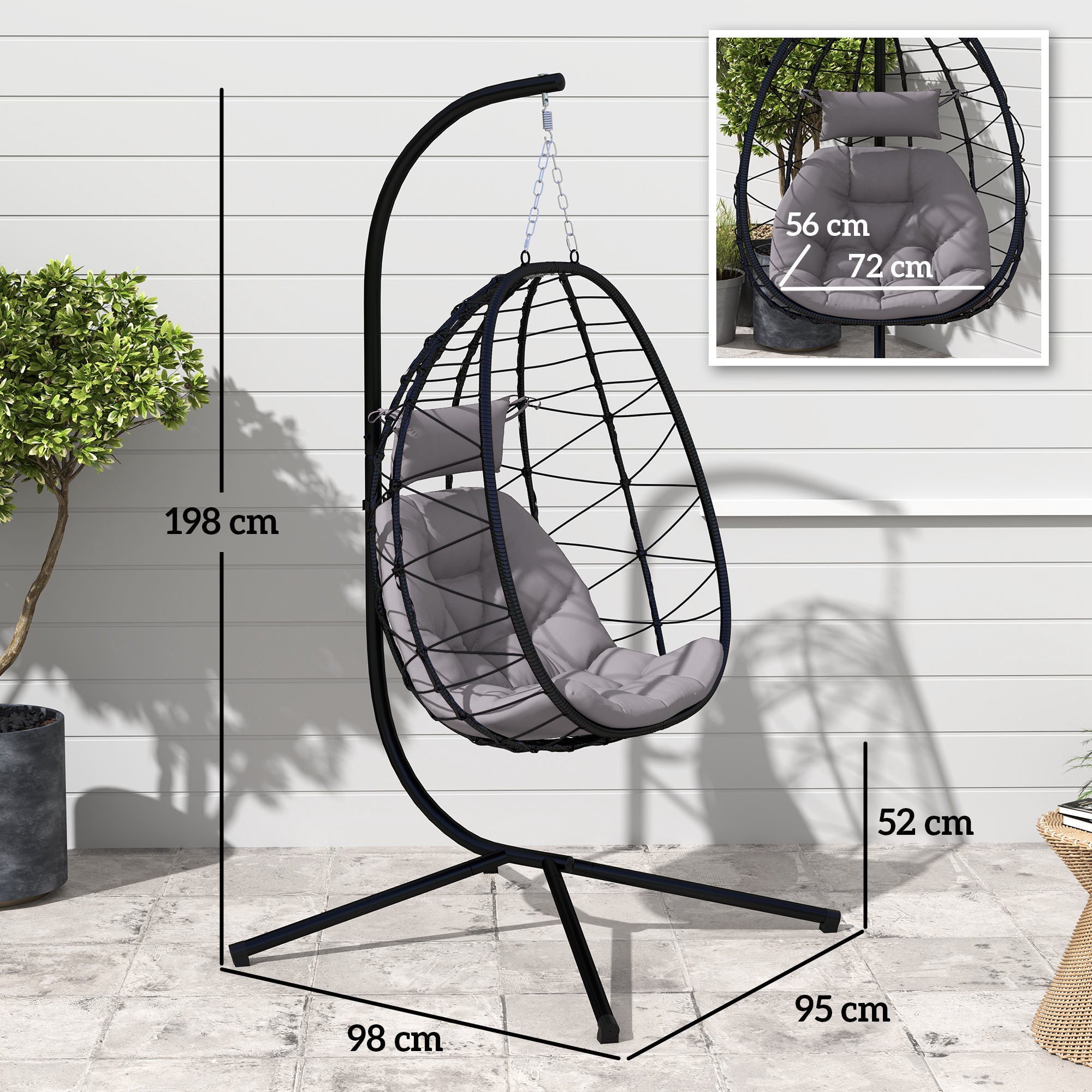 Hanging Egg Chair with Swing Stand Outdoor Garden Swing Chair with Foldable Basket Cushion and Headrest Hanging Swing for Indoor and Outdoor Use 120 kg Gray