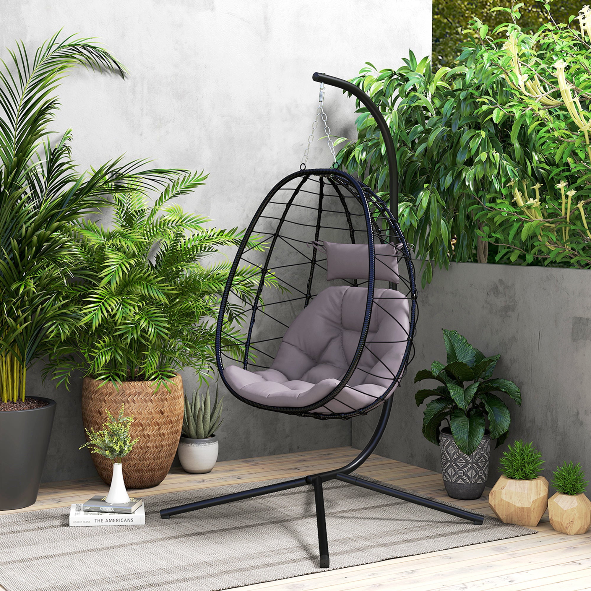 Hanging Egg Chair with Swing Stand Outdoor Garden Swing Chair with Foldable Basket Cushion and Headrest Hanging Swing for Indoor and Outdoor Use 120 kg Gray