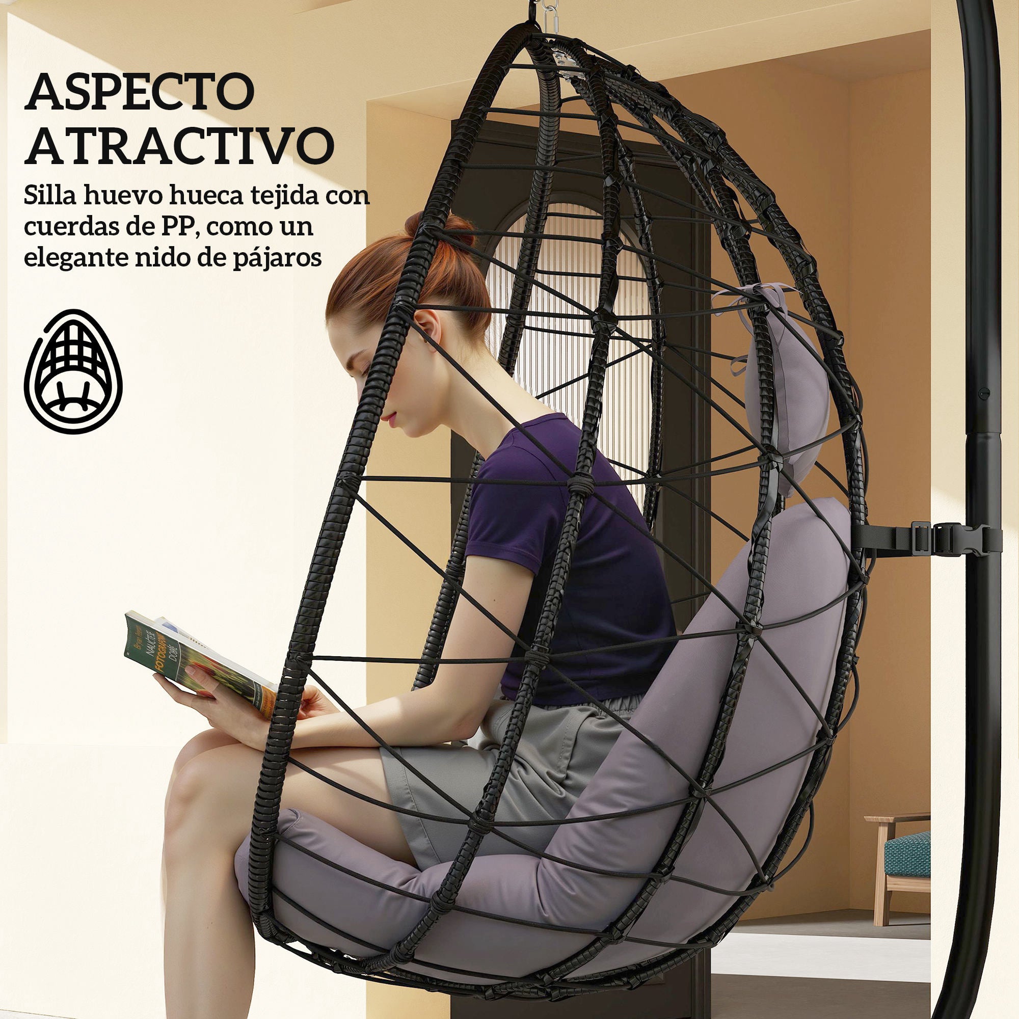 Hanging Egg Chair with Swing Stand Outdoor Garden Swing Chair with Foldable Basket Cushion and Headrest Hanging Swing for Indoor and Outdoor Use 120 kg Gray