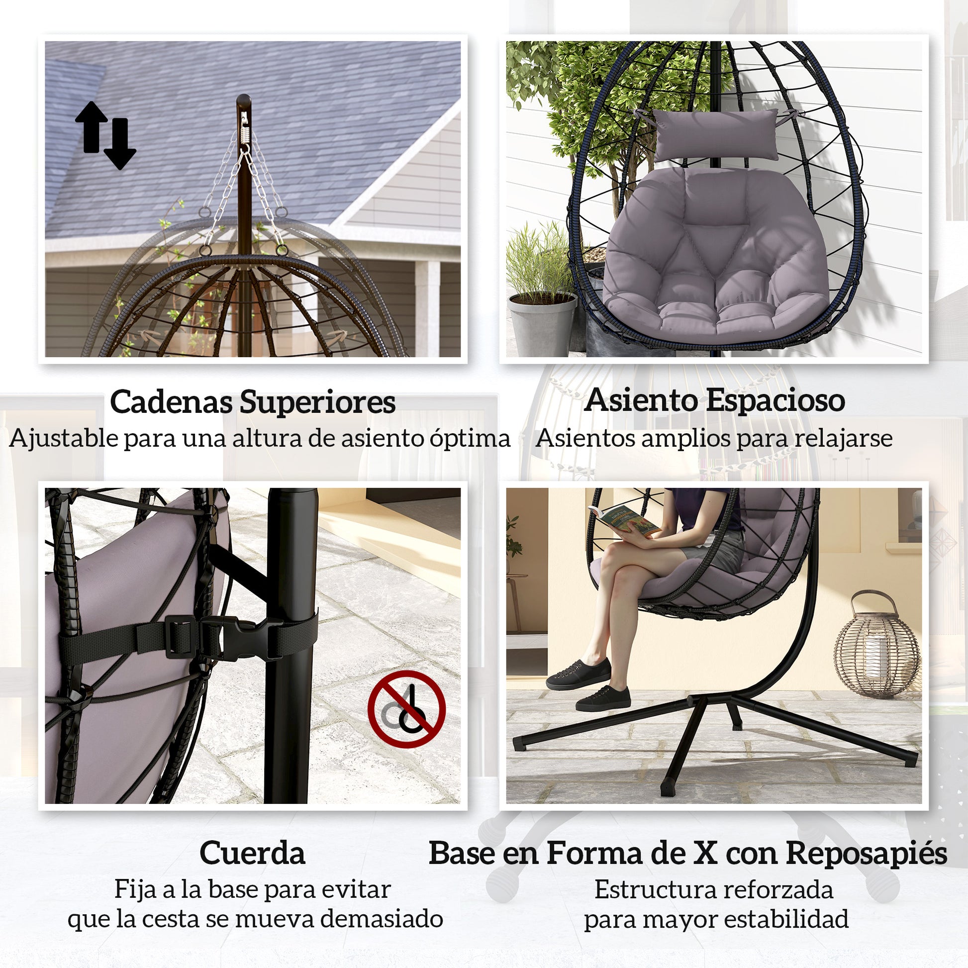 Hanging Egg Chair with Swing Stand Outdoor Garden Swing Chair with Foldable Basket Cushion and Headrest Hanging Swing for Indoor and Outdoor Use 120 kg Gray