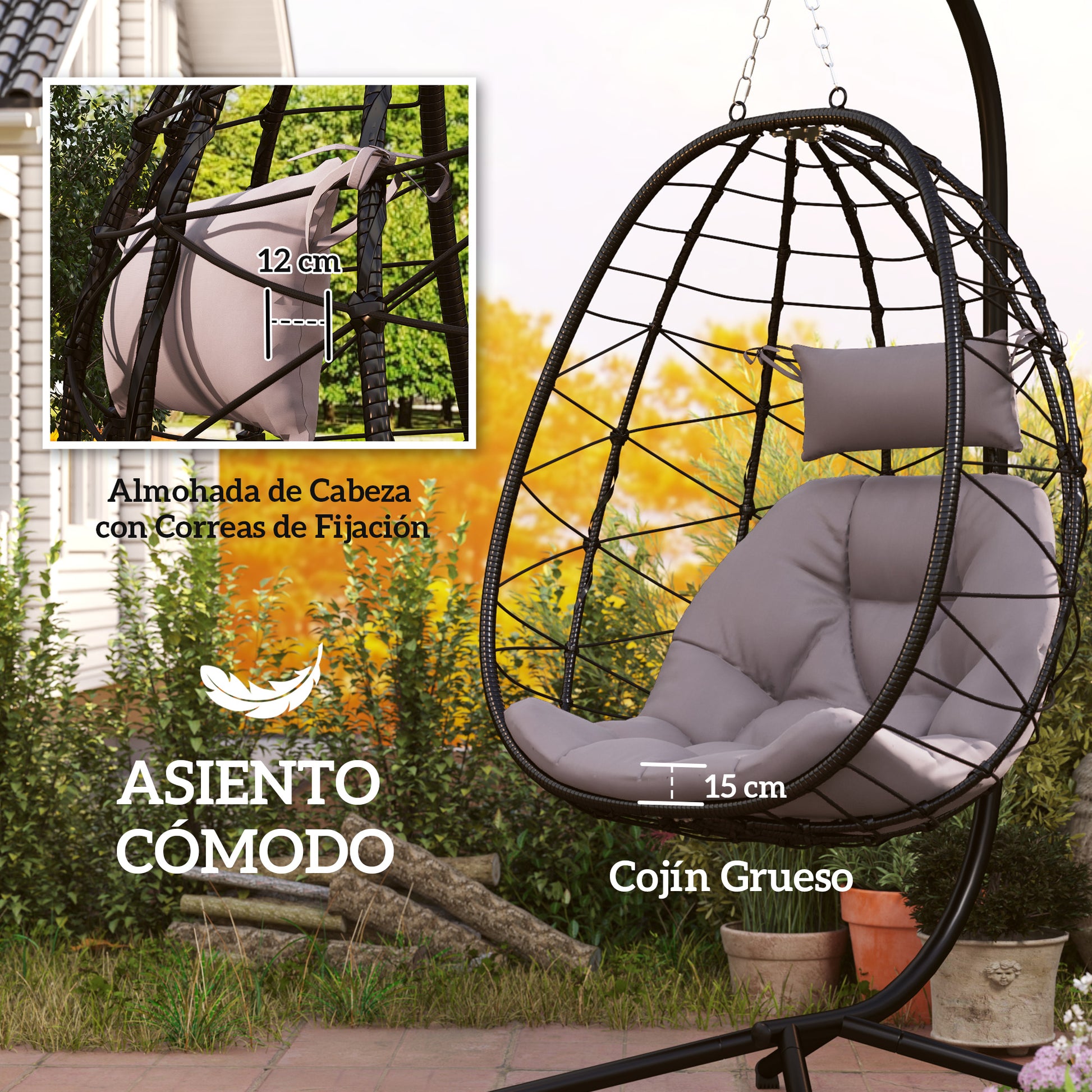 Hanging Egg Chair with Swing Stand Outdoor Garden Swing Chair with Foldable Basket Cushion and Headrest Hanging Swing for Indoor and Outdoor Use 120 kg Gray