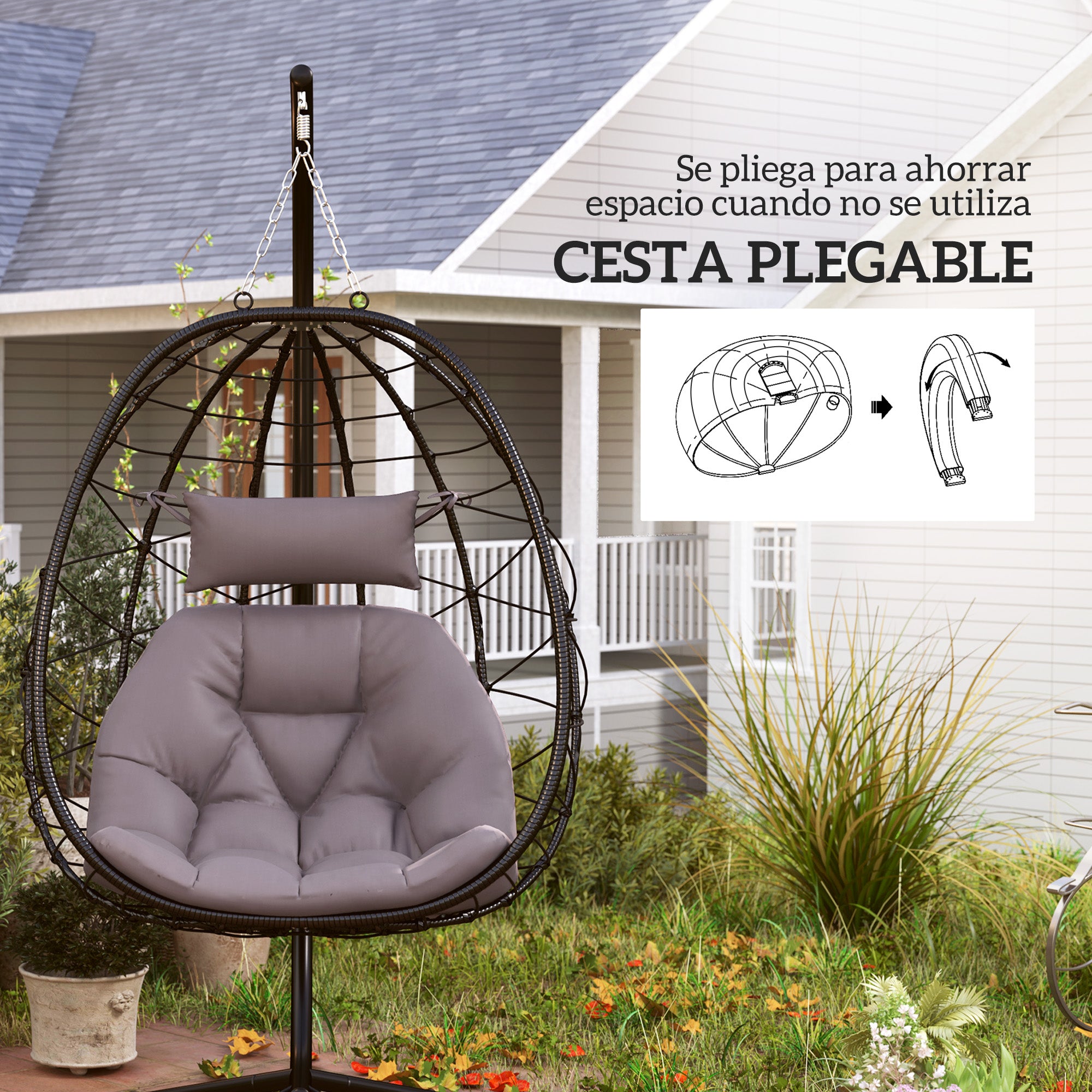 Hanging Egg Chair with Swing Stand Outdoor Garden Swing Chair with Foldable Basket Cushion and Headrest Hanging Swing for Indoor and Outdoor Use 120 kg Gray