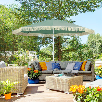 Garden Parasol Outdoor Tilt Fringed Umbrella with Crank 8 Ribs Ø 2.65 x 2.45m Green