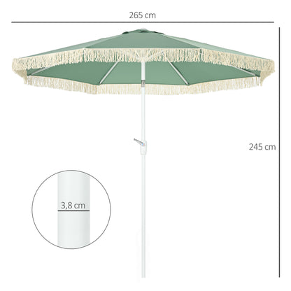 Garden Parasol Outdoor Tilt Fringed Umbrella with Crank 8 Ribs Ø 2.65 x 2.45m Green