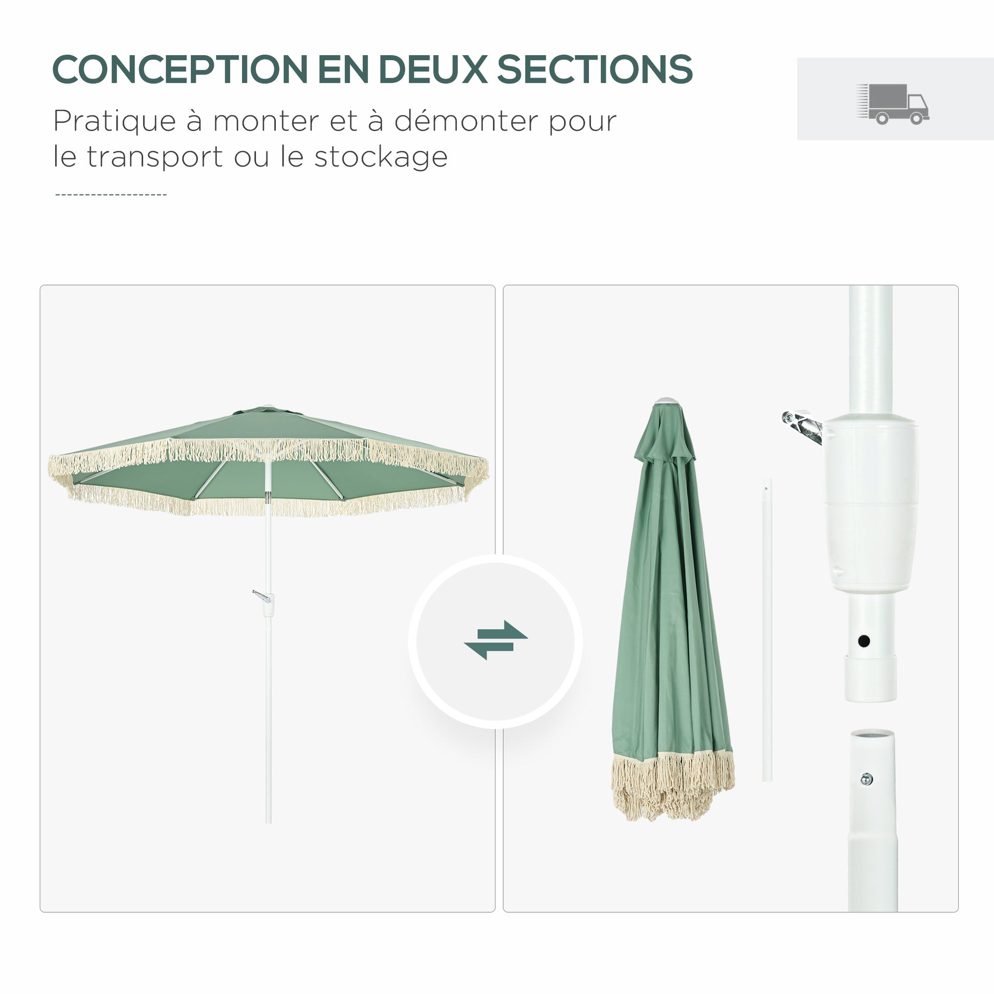 Garden Parasol Outdoor Tilt Fringed Umbrella with Crank 8 Ribs Ø 2.65 x 2.45m Green
