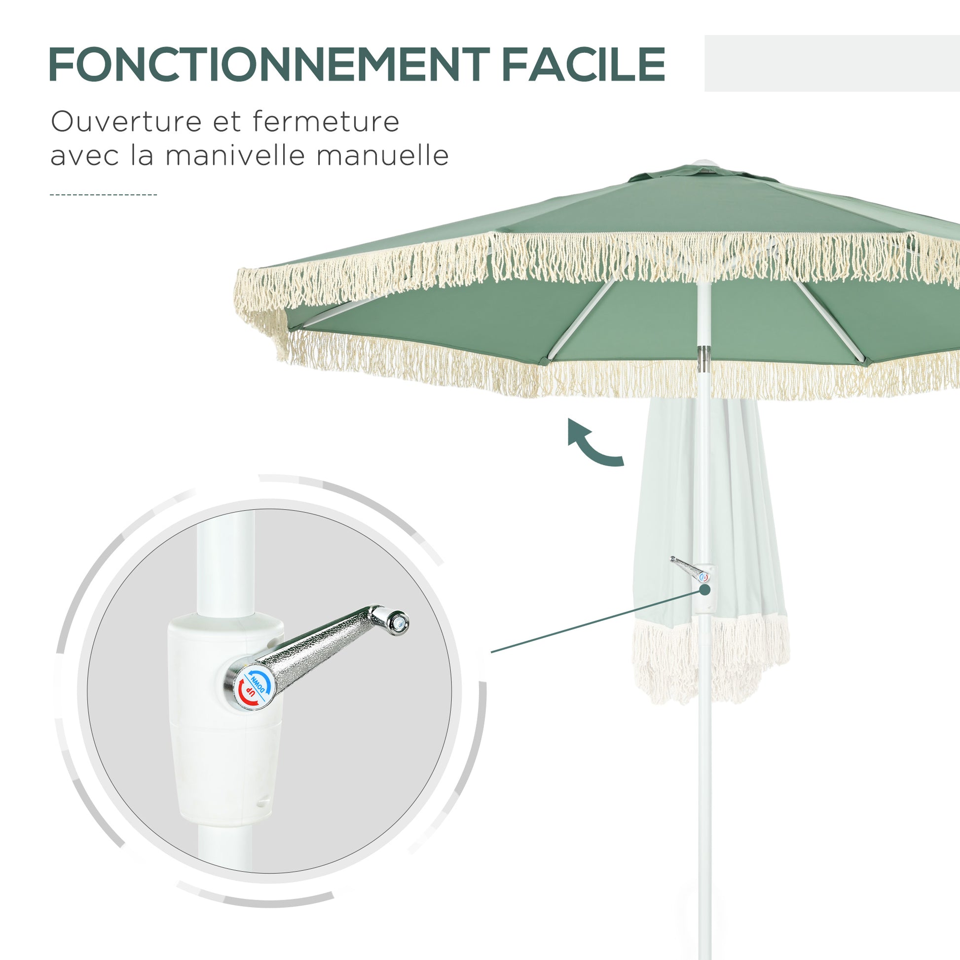 Garden Parasol Outdoor Tilt Fringed Umbrella with Crank 8 Ribs Ø 2.65 x 2.45m Green