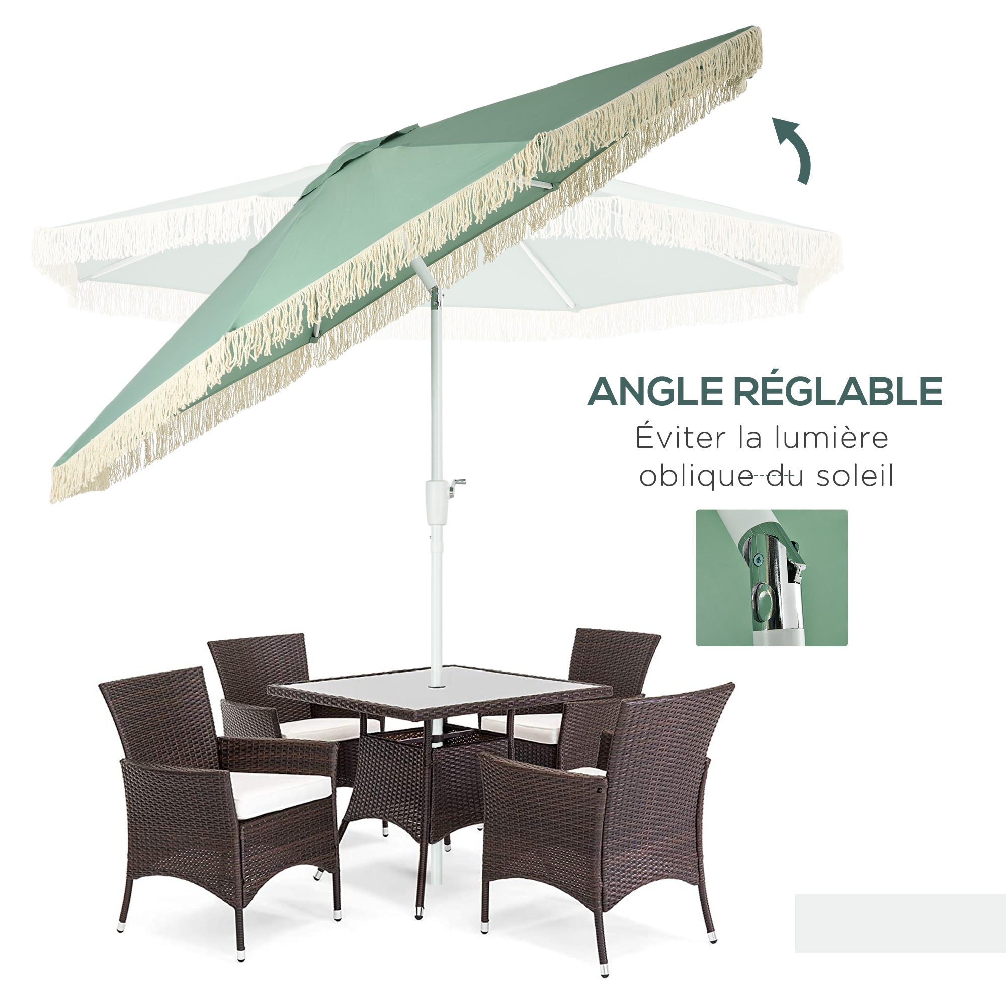Garden Parasol Outdoor Tilt Fringed Umbrella with Crank 8 Ribs Ø 2.65 x 2.45m Green