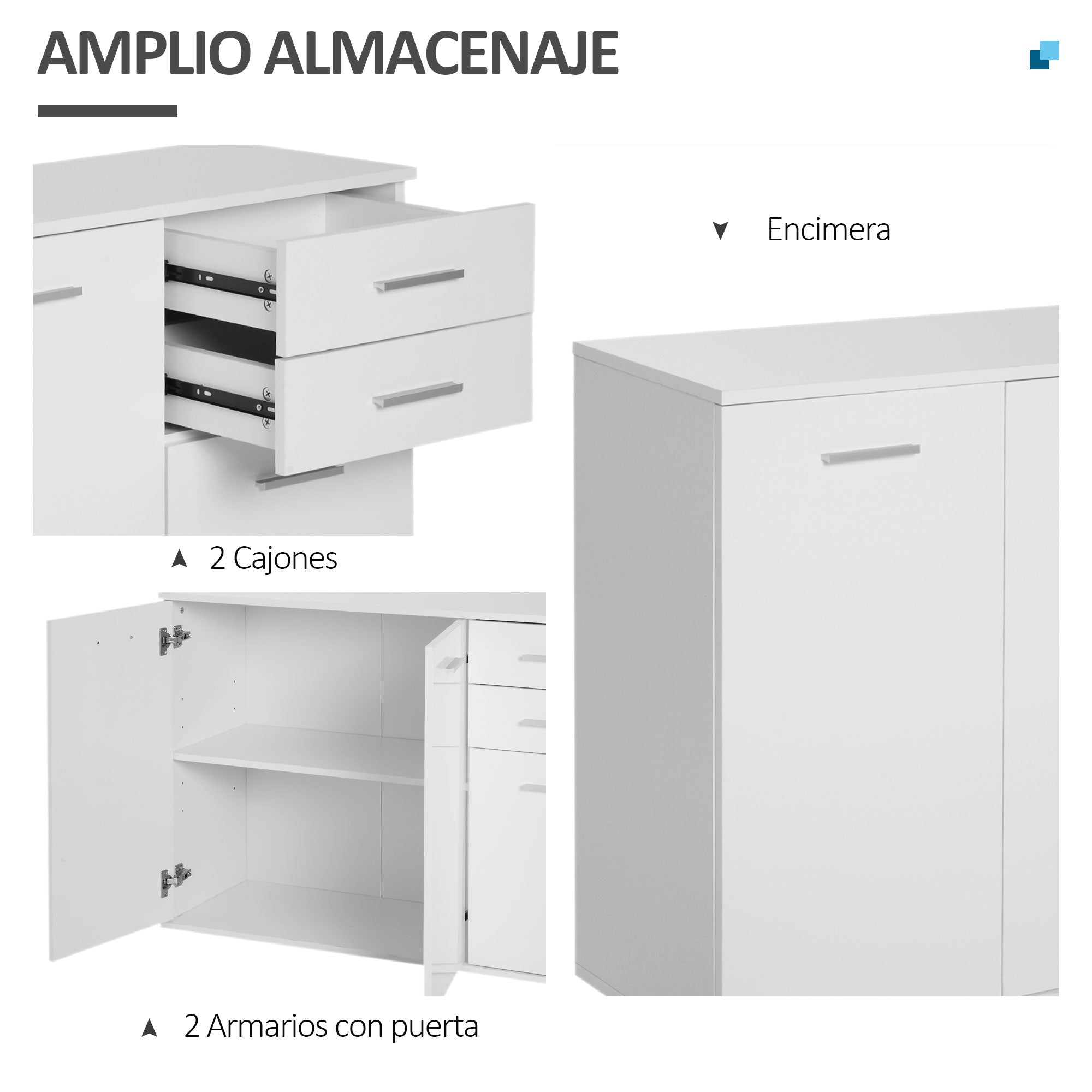 Kitchen Sideboard Cabinet with 2 Doors Living Room Buffet with 2 Drawers Adjustable Shelf Modern Style for Dining Room 106x35x76cm Glossy White