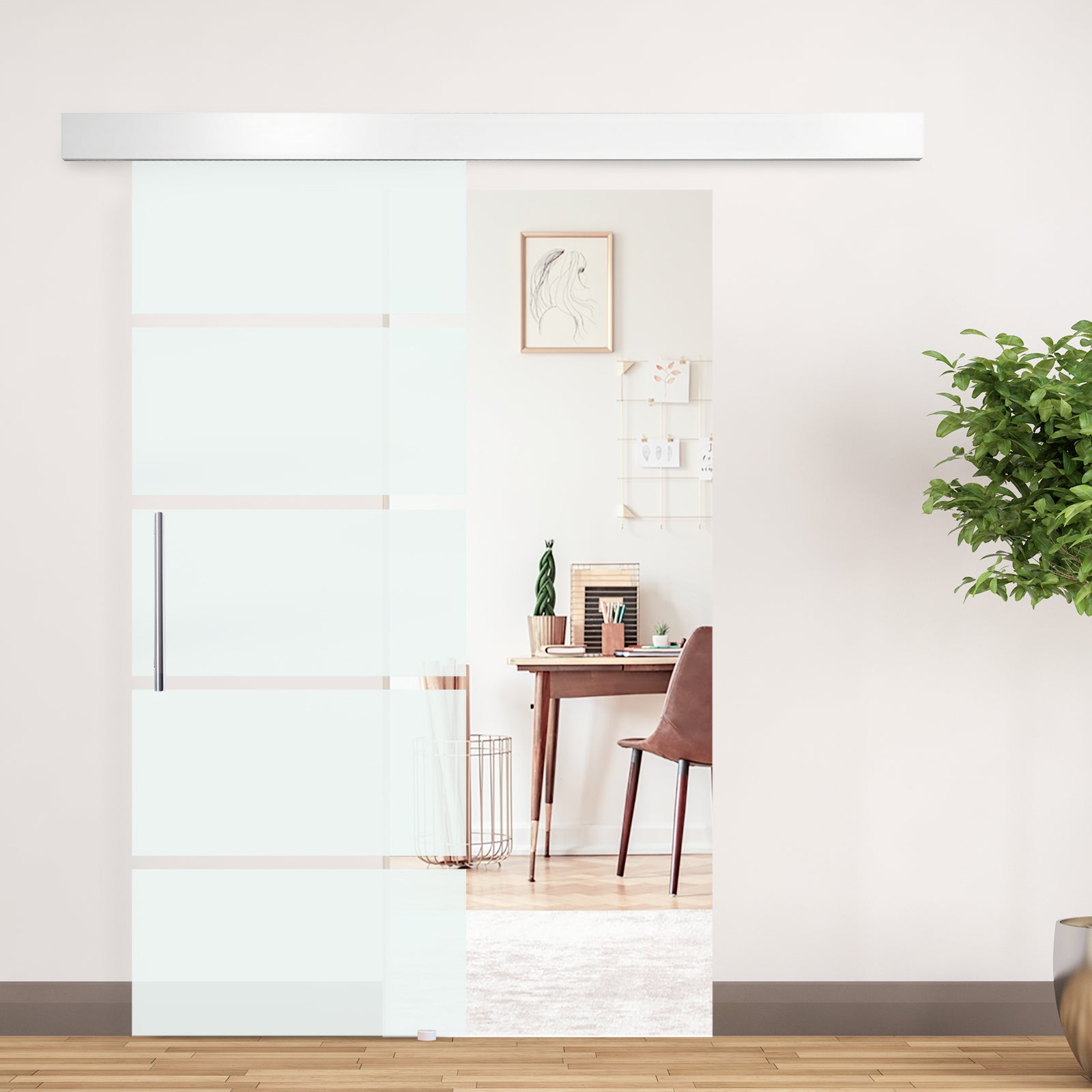 Glass Sliding Door Room Door with Handle Bar One-Sided Satin Finish 90 x 205 cm