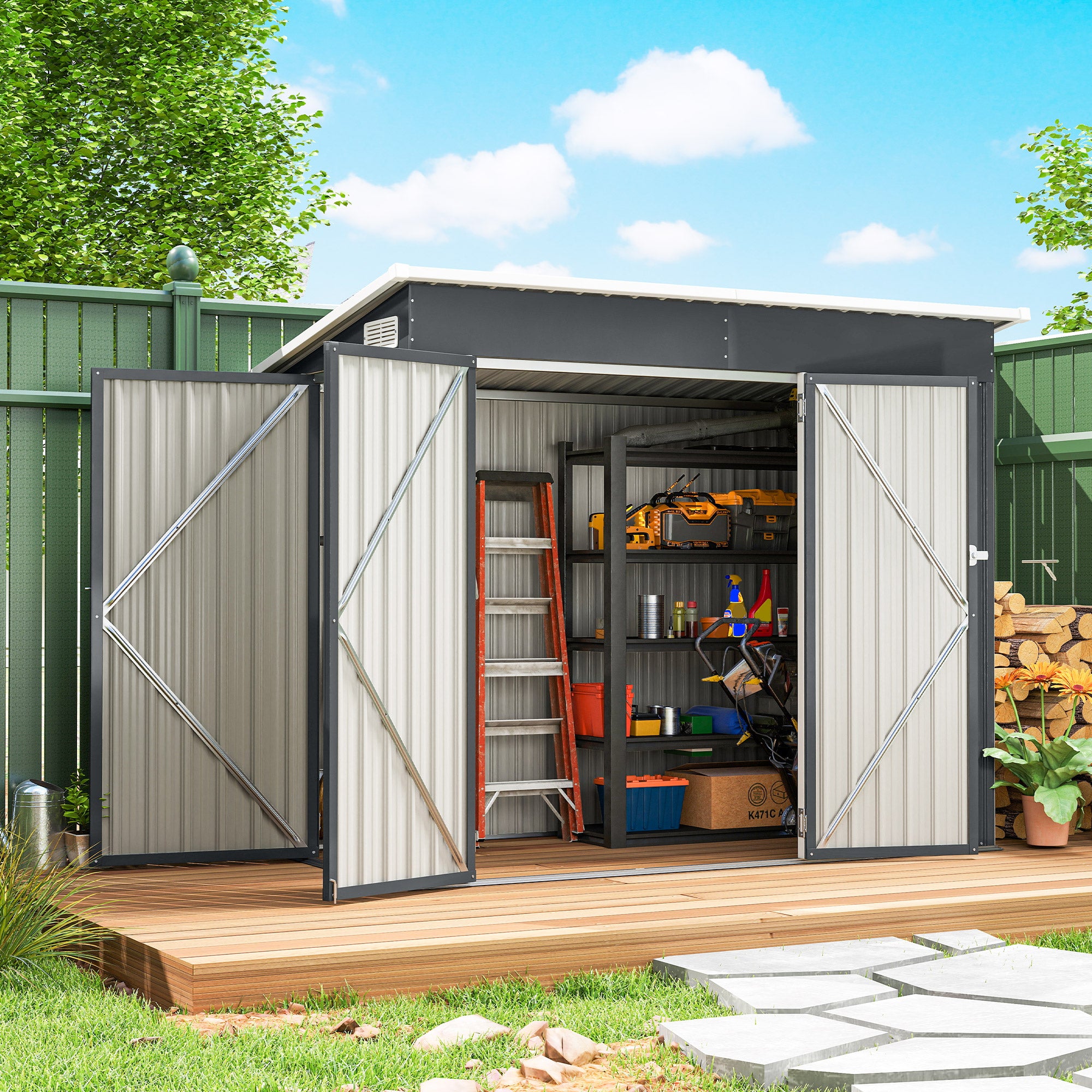 28.8 ft² Metal Garden Shed – Lockable, 3 Doors, Ventilated, Single-Slope Roof, Gloves Included (92 x 52 x 73 in)