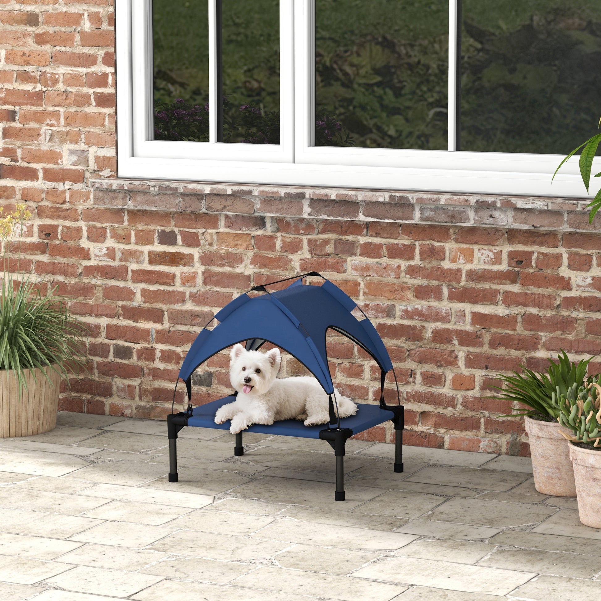Elevated Dog Bed with Canopy, Pet Bed, Outdoor Dog Lounger with Roof, Breathable, for Small and Mini Dogs Dark Blue Oxford 61 x 46 x 63 cm