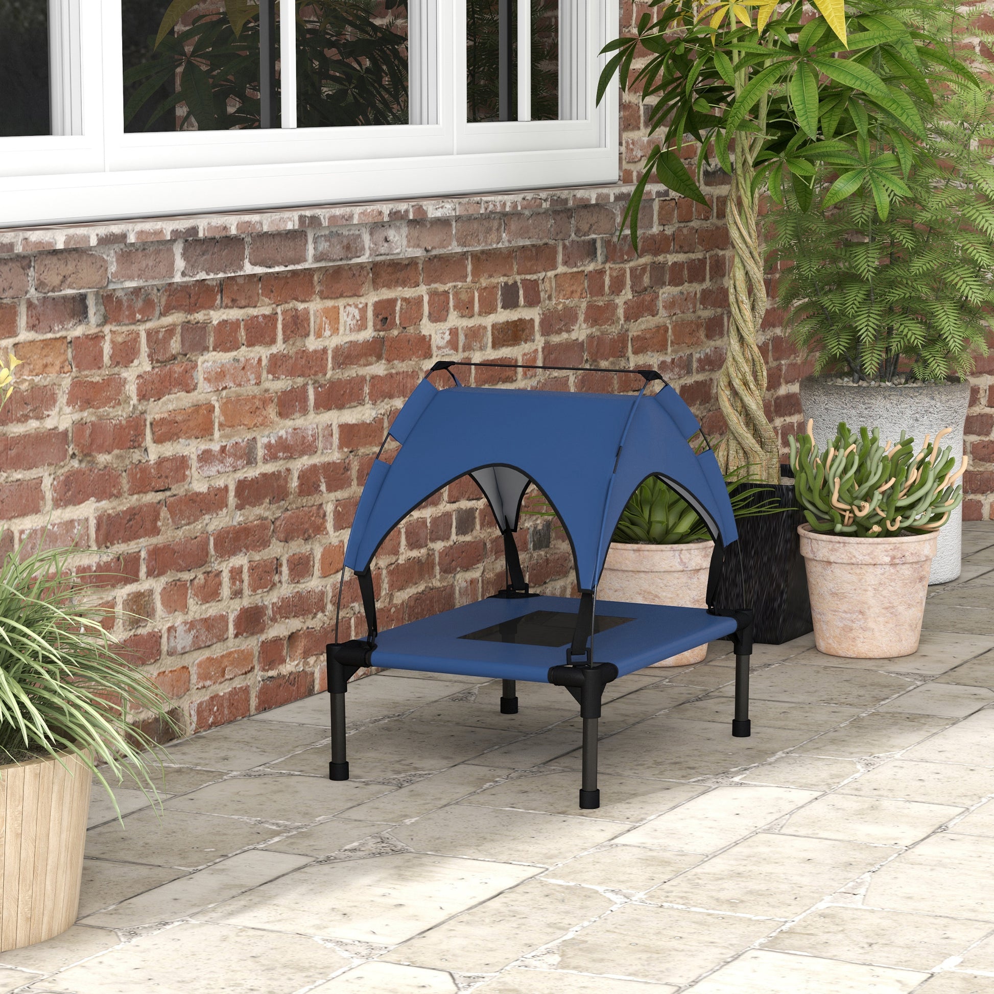 Elevated Dog Bed with Canopy, Pet Bed, Outdoor Dog Lounger with Roof, Breathable, for Small and Mini Dogs Dark Blue Oxford 61 x 46 x 63 cm