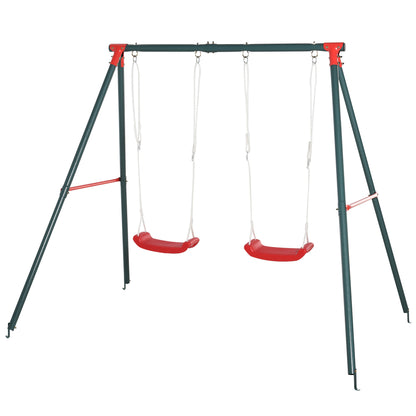 Double Swing Set for Kids Ages 3+ with Metal Stand Children's Swing Playset Adjustable Rope Outdoors Max Load 40kg 239x156x180 cm Green Red