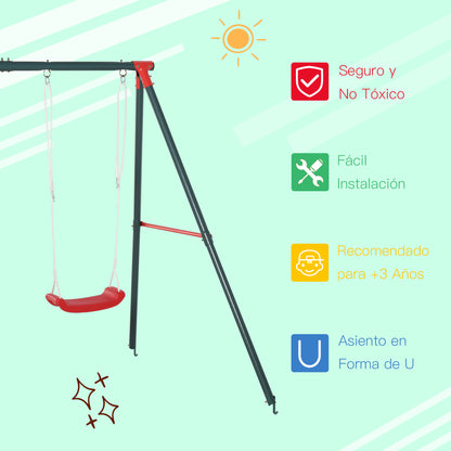 Double Swing Set for Kids Ages 3+ with Metal Stand Children's Swing Playset Adjustable Rope Outdoors Max Load 40kg 239x156x180 cm Green Red