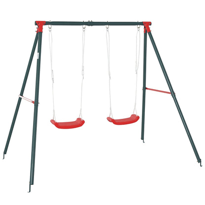 Double Swing Set for Kids Ages 3+ with Metal Stand Children's Swing Playset Adjustable Rope Outdoors Max Load 40kg 239x156x180 cm Green Red