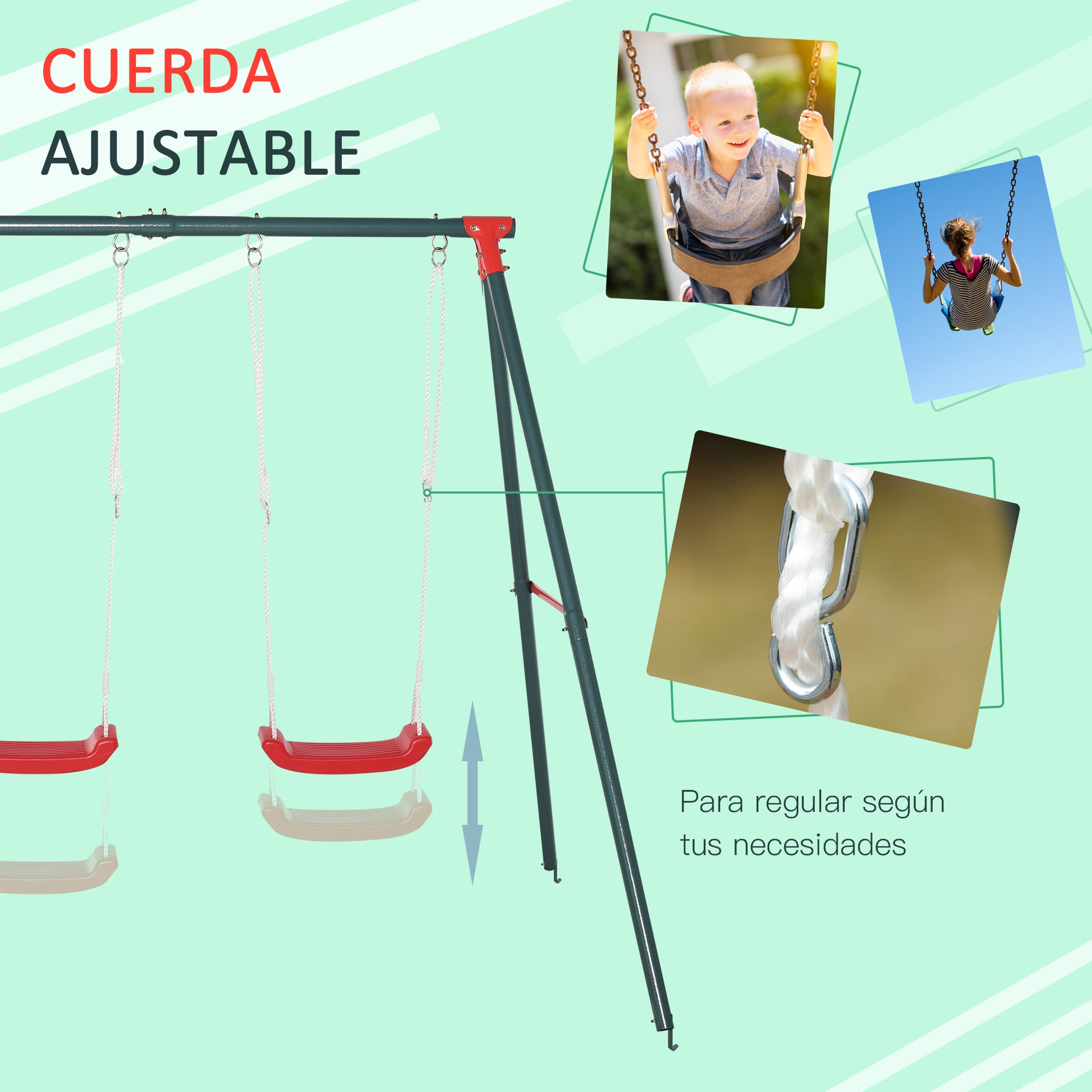 Double Swing Set for Kids Ages 3+ with Metal Stand Children's Swing Playset Adjustable Rope Outdoors Max Load 40kg 239x156x180 cm Green Red