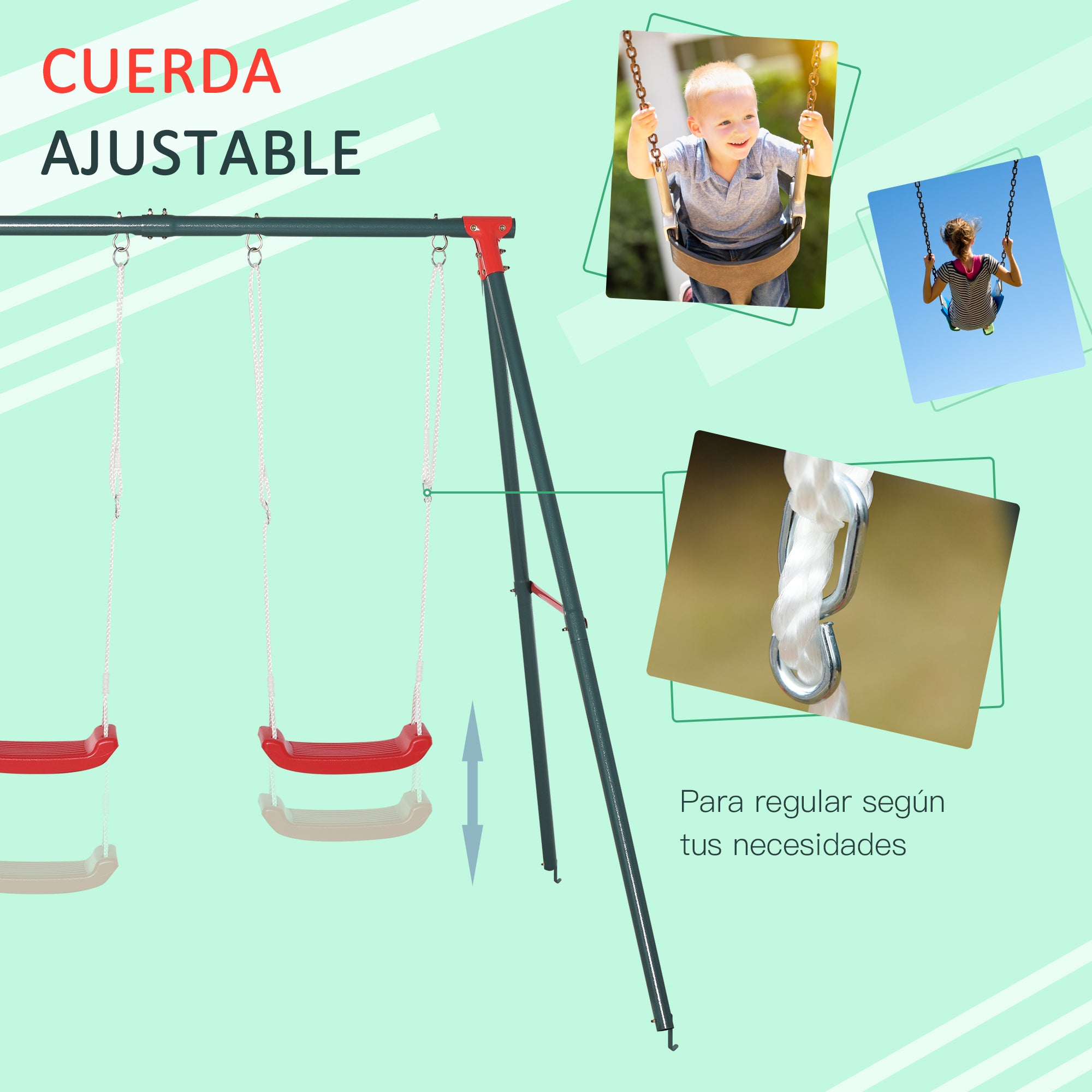 Double Swing Set for Kids Ages 3+ with Metal Stand Children's Swing Playset Adjustable Rope Outdoors Max Load 40kg 239x156x180 cm Green Red