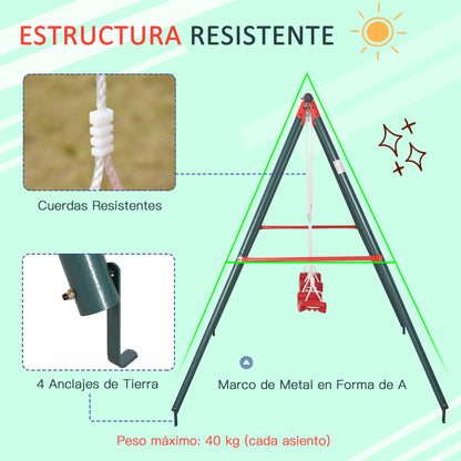 Double Swing Set for Kids Ages 3+ with Metal Stand Children's Swing Playset Adjustable Rope Outdoors Max Load 40kg 239x156x180 cm Green Red