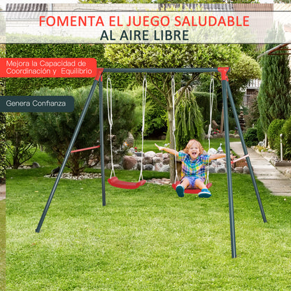 Double Swing Set for Kids Ages 3+ with Metal Stand Children's Swing Playset Adjustable Rope Outdoors Max Load 40kg 239x156x180 cm Green Red