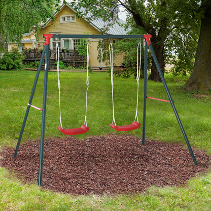 Double Swing Set for Kids Ages 3+ with Metal Stand Children's Swing Playset Adjustable Rope Outdoors Max Load 40kg 239x156x180 cm Green Red