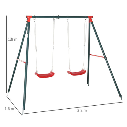 Double Swing Set for Kids Ages 3+ with Metal Stand Children's Swing Playset Adjustable Rope Outdoors Max Load 40kg 239x156x180 cm Green Red