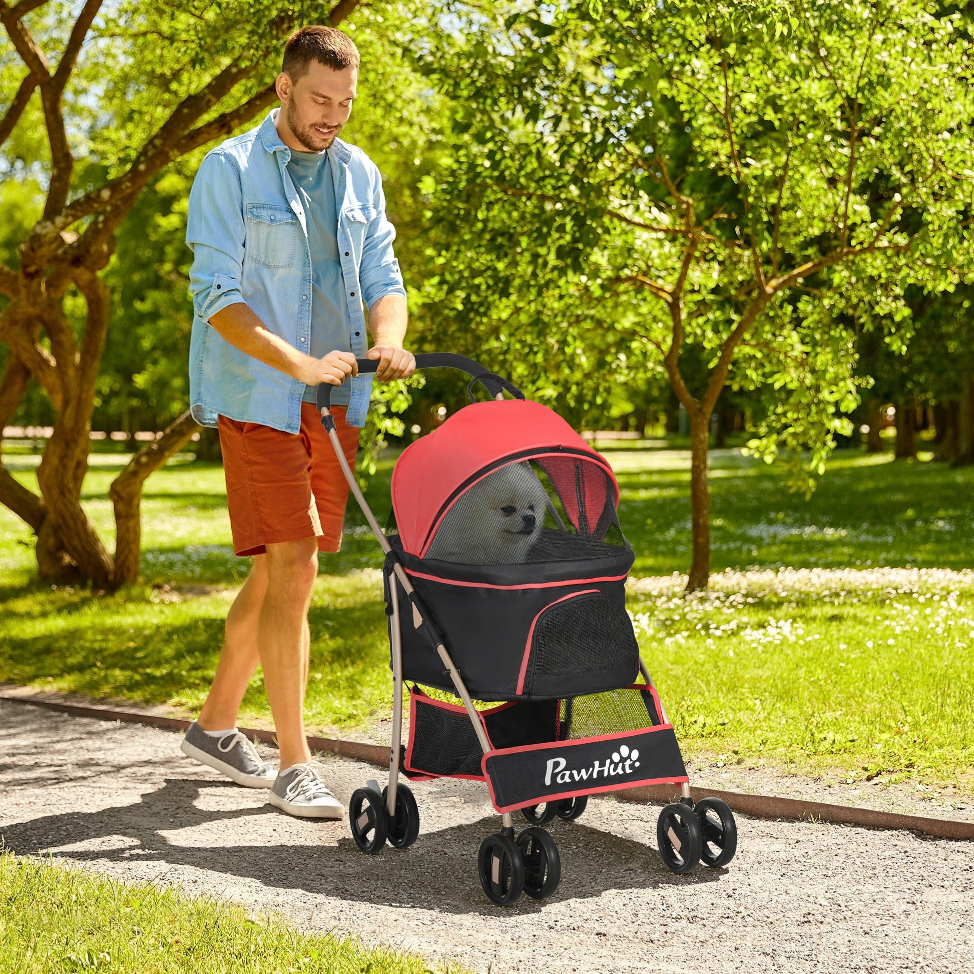 Pet Stroller, 2 in 1 Dog Trolley, Carrier Bag, Collapsible Dog Buggy with Cushion, Cat Stroller for Small Dogs, Cats, Cat Buggy with 4 Wheels, Mesh Window, Oxford Fabric, Red