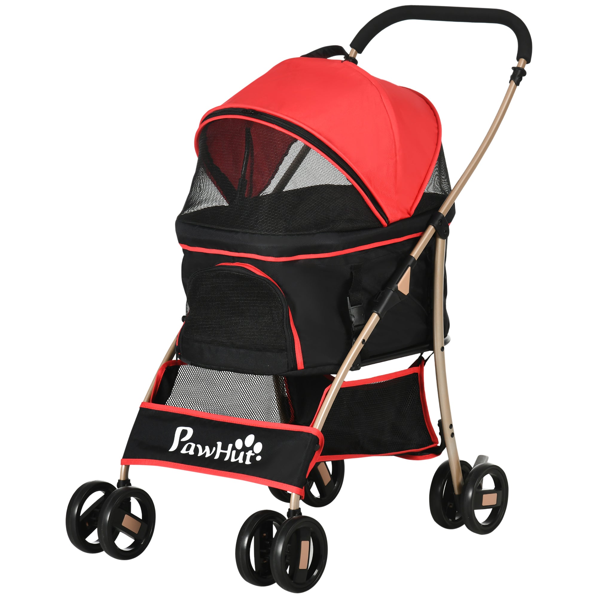 Pet Stroller, 2 in 1 Dog Trolley, Carrier Bag, Collapsible Dog Buggy with Cushion, Cat Stroller for Small Dogs, Cats, Cat Buggy with 4 Wheels, Mesh Window, Oxford Fabric, Red