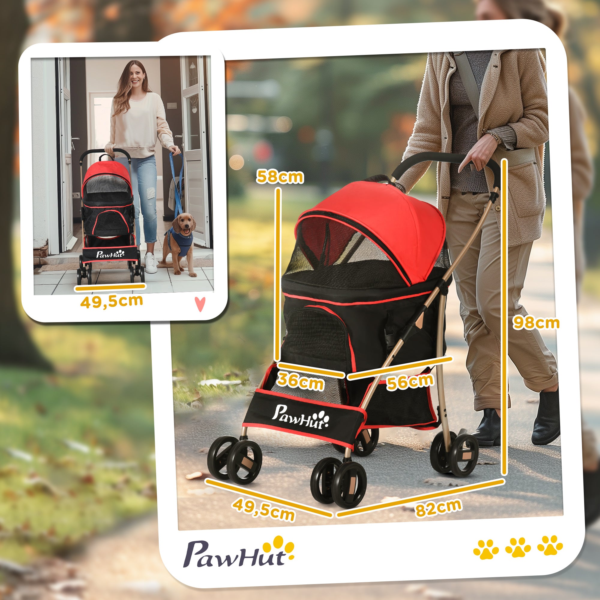 Pet Stroller, 2 in 1 Dog Trolley, Carrier Bag, Collapsible Dog Buggy with Cushion, Cat Stroller for Small Dogs, Cats, Cat Buggy with 4 Wheels, Mesh Window, Oxford Fabric, Red