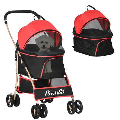 Pet Stroller, 2 in 1 Dog Trolley, Carrier Bag, Collapsible Dog Buggy with Cushion, Cat Stroller for Small Dogs, Cats, Cat Buggy with 4 Wheels, Mesh Window, Oxford Fabric, Red