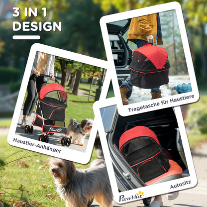 Pet Stroller, 2 in 1 Dog Trolley, Carrier Bag, Collapsible Dog Buggy with Cushion, Cat Stroller for Small Dogs, Cats, Cat Buggy with 4 Wheels, Mesh Window, Oxford Fabric, Red