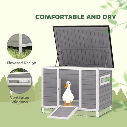 Weatherproof Wooden Duck House with Removable Floor, Sliding Windows & Asphalt Roof — Elevated Coop with Ramp for 2–3 Ducks/Chickens, Gray (93 x 70 x 72 cm / 36.6 x 27.6 x 28.3 in)