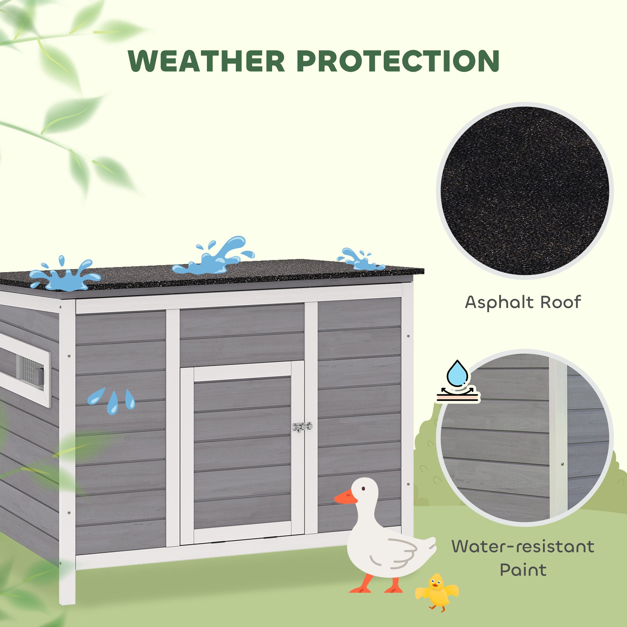 Weatherproof Wooden Duck House with Removable Floor, Sliding Windows & Asphalt Roof — Elevated Coop with Ramp for 2–3 Ducks/Chickens, Gray (93 x 70 x 72 cm / 36.6 x 27.6 x 28.3 in)