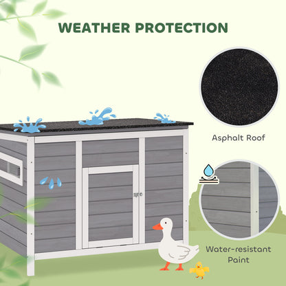 Weatherproof Wooden Duck House with Removable Floor, Sliding Windows & Asphalt Roof — Elevated Coop with Ramp for 2–3 Ducks/Chickens, Gray (93 x 70 x 72 cm / 36.6 x 27.6 x 28.3 in)