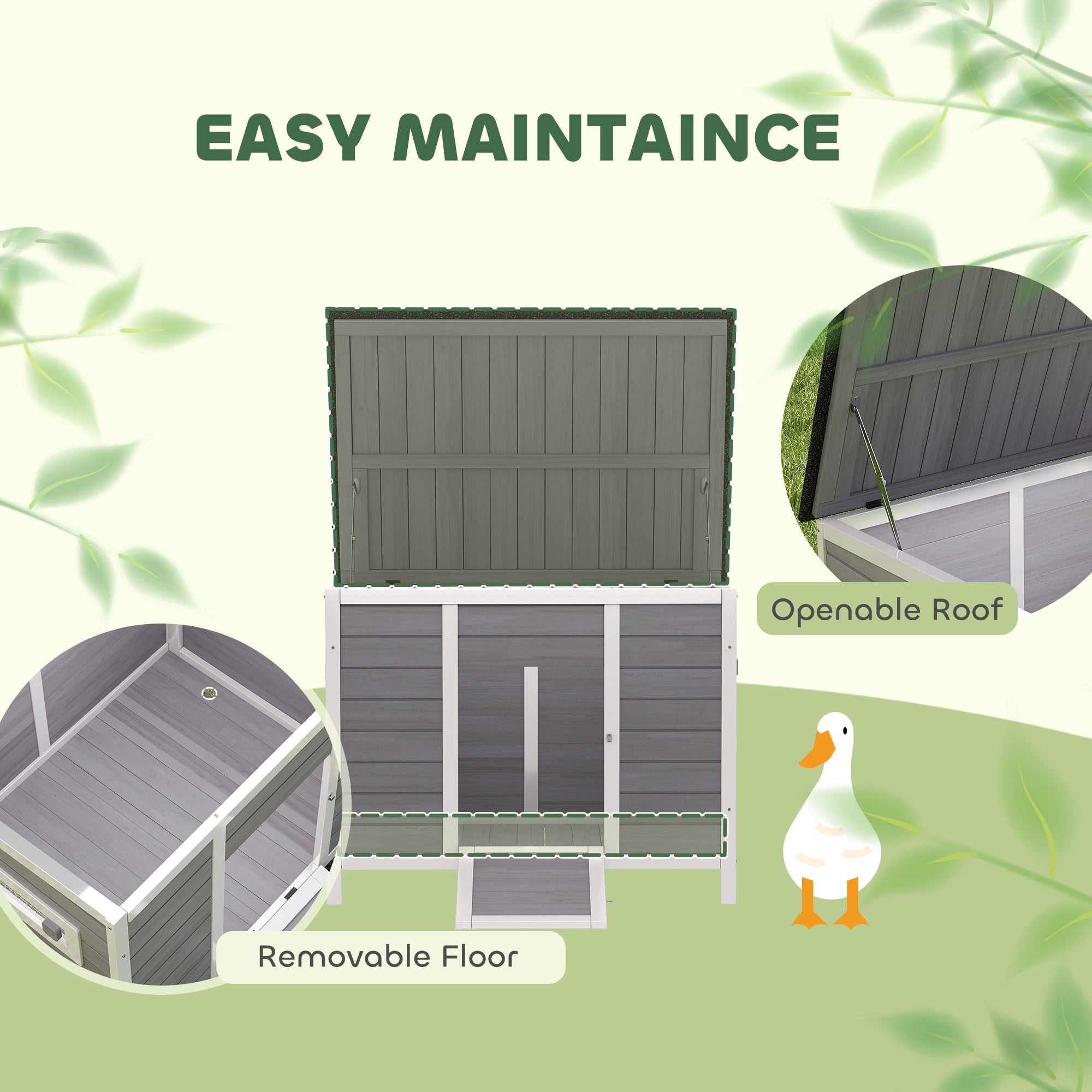 Weatherproof Wooden Duck House with Removable Floor, Sliding Windows & Asphalt Roof — Elevated Coop with Ramp for 2–3 Ducks/Chickens, Gray (93 x 70 x 72 cm / 36.6 x 27.6 x 28.3 in)