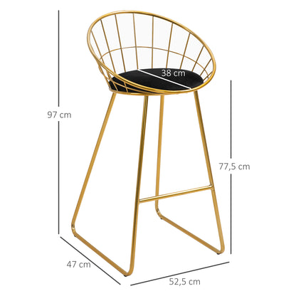 Set of 2 High Kitchen Stools with Fabric Seat Bar Stools Acapulco Chairs with Backrest and Footrest for Dining 52.5x47x97 cm Gold