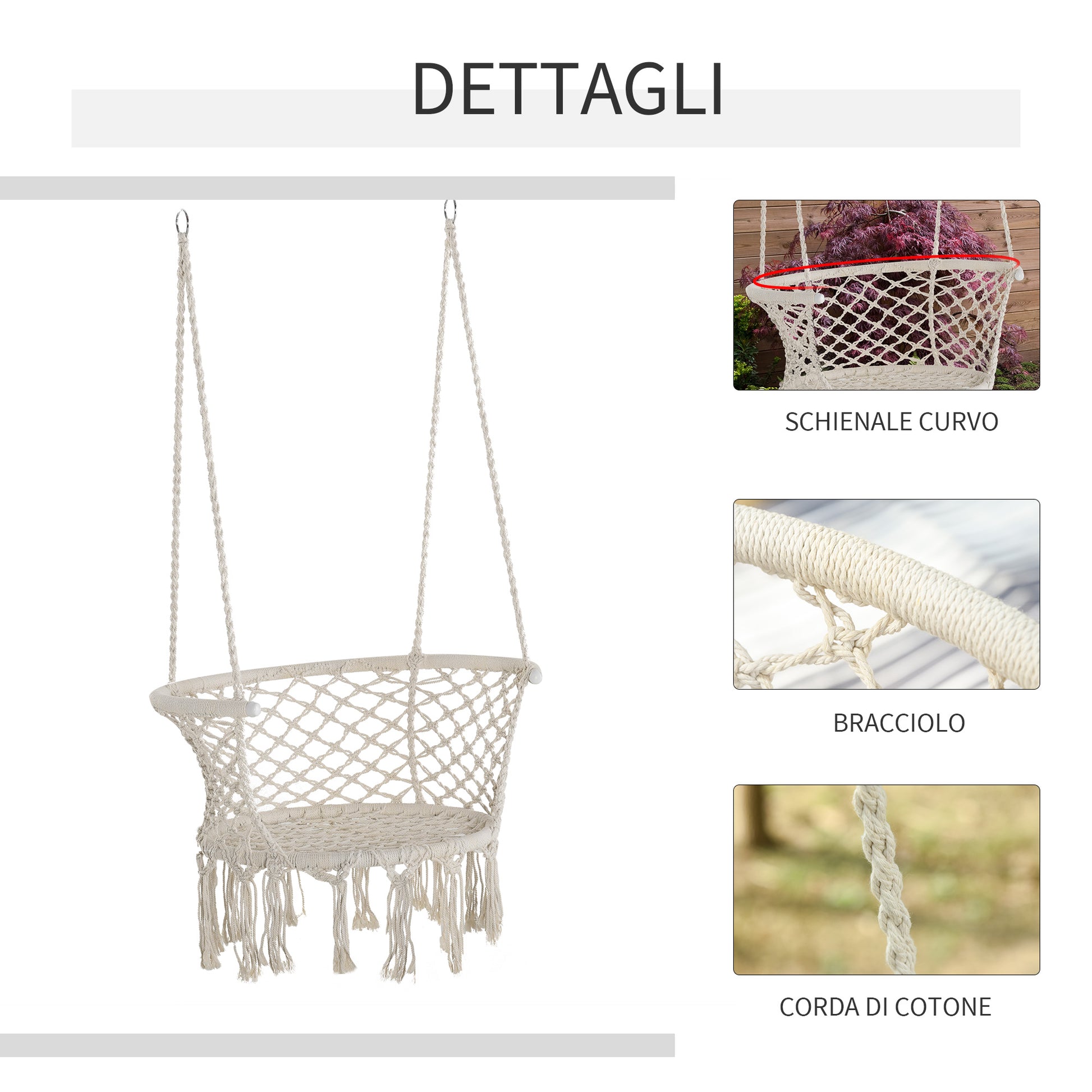 Boho Chic Style Garden Hammock, Polyester and Macramé Hanging Chair for Indoor and Outdoor Use, Cream, 80x60x36cm