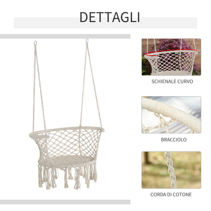 Boho Chic Style Garden Hammock, Polyester and Macramé Hanging Chair for Indoor and Outdoor Use, Cream, 80x60x36cm