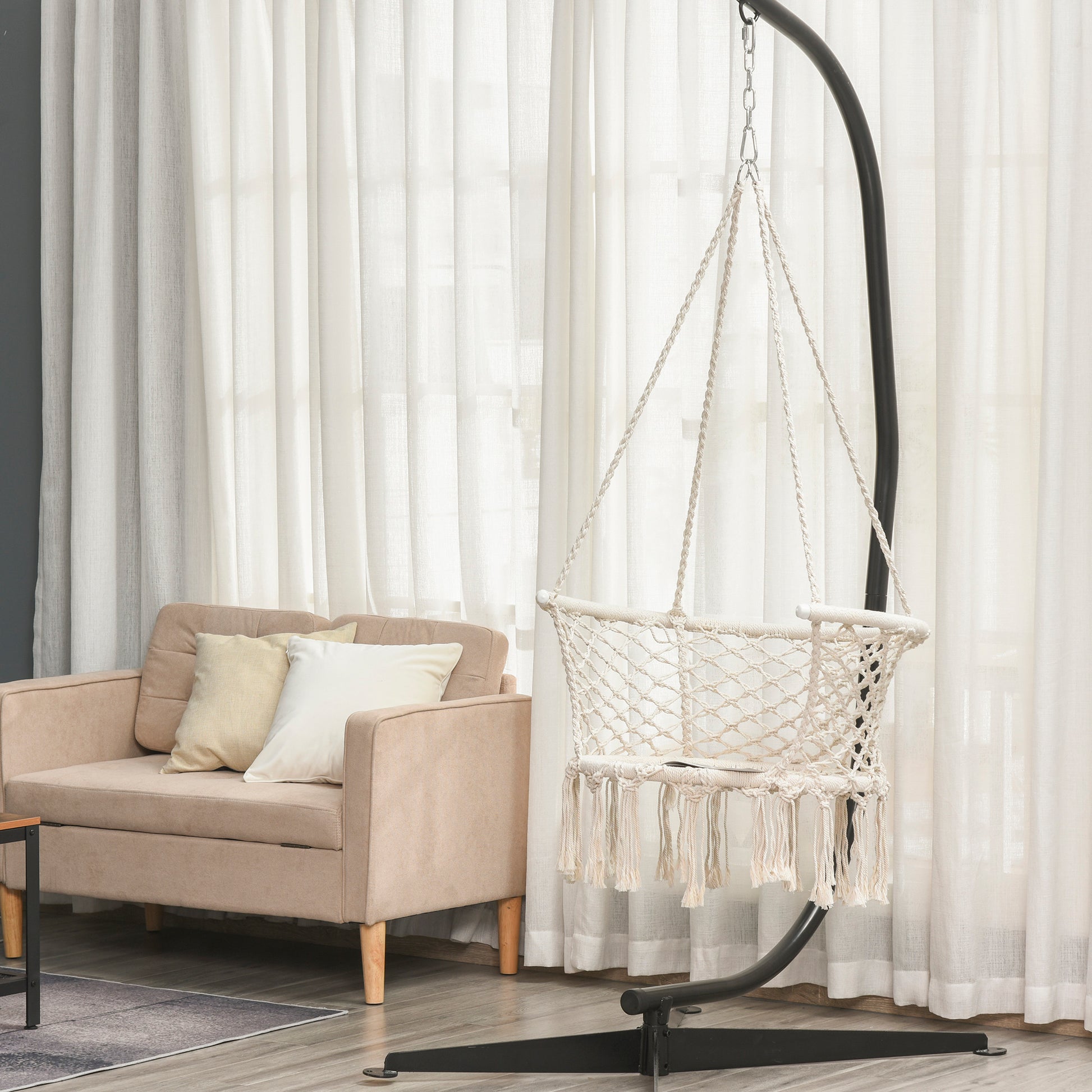 Boho Chic Style Garden Hammock, Polyester and Macramé Hanging Chair for Indoor and Outdoor Use, Cream, 80x60x36cm