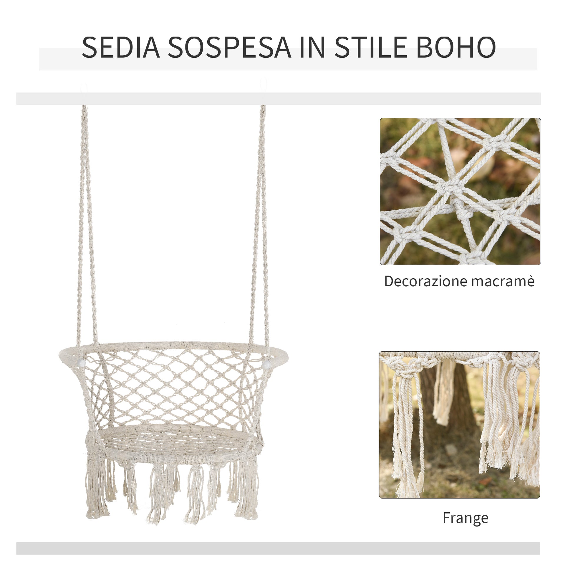 Boho Chic Style Garden Hammock, Polyester and Macramé Hanging Chair for Indoor and Outdoor Use, Cream, 80x60x36cm