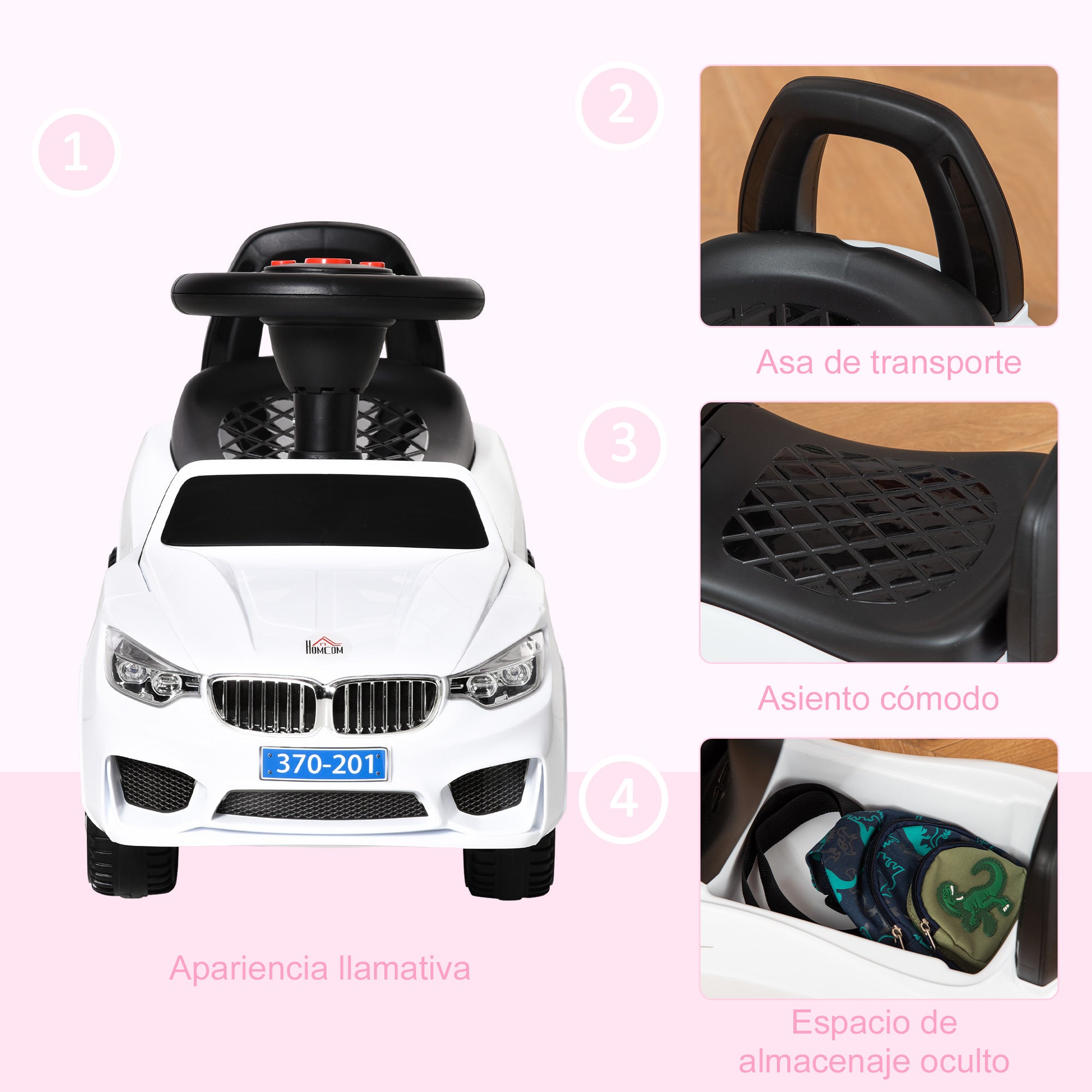 Ride-On Car for Children 18-36 Months Toddler Ride-On with Headlights Music Horn Steering Wheel Storage Space and Push Handle 63.5x28x36 cm White